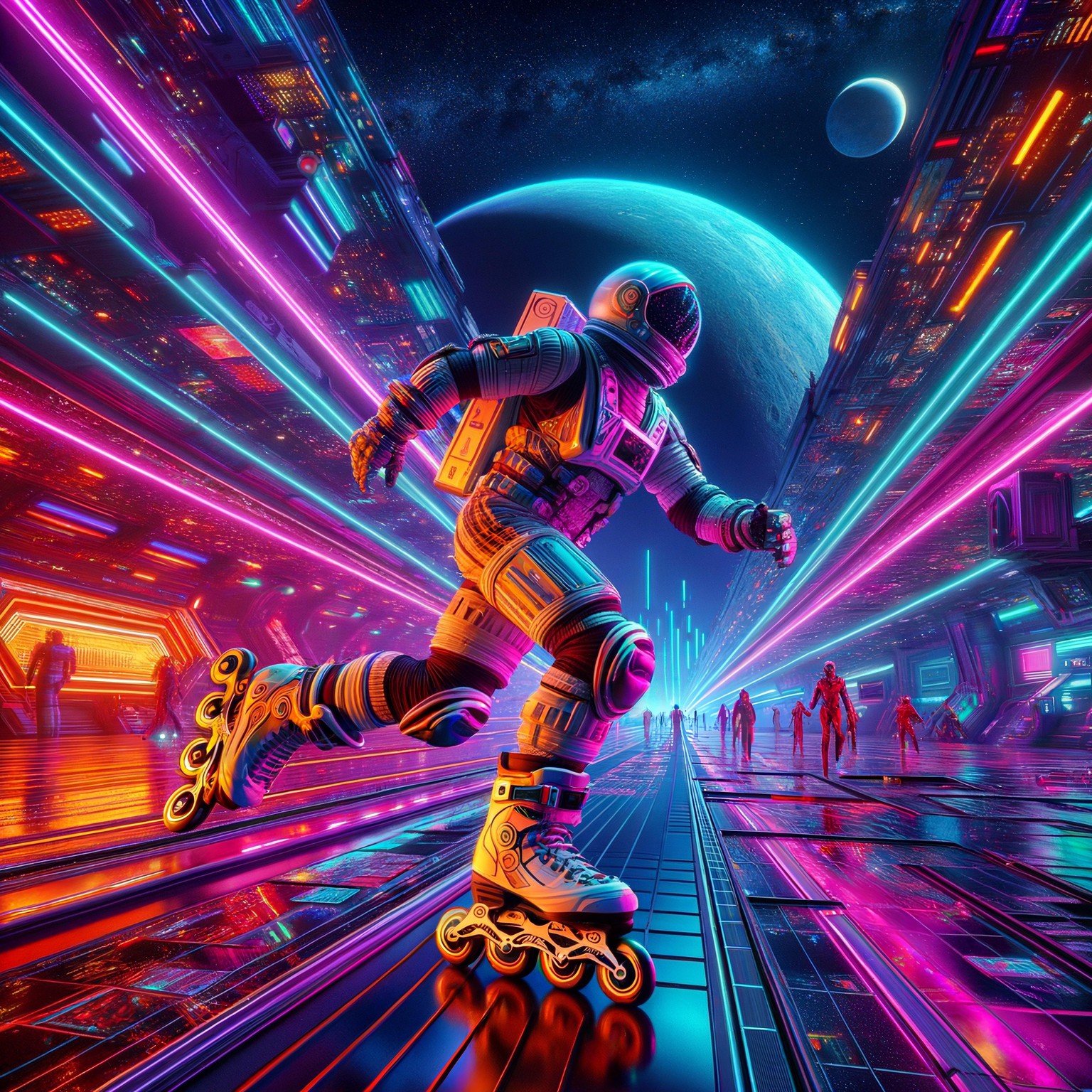 Cyberpunk photo of astronaut playing rollerblade colorful outta space - image 1 - student project
