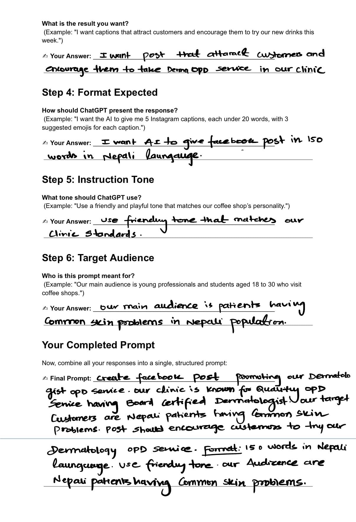 PROFIT formula for ChatGPT promoting dermatologist service at clinic - image 2 - student project