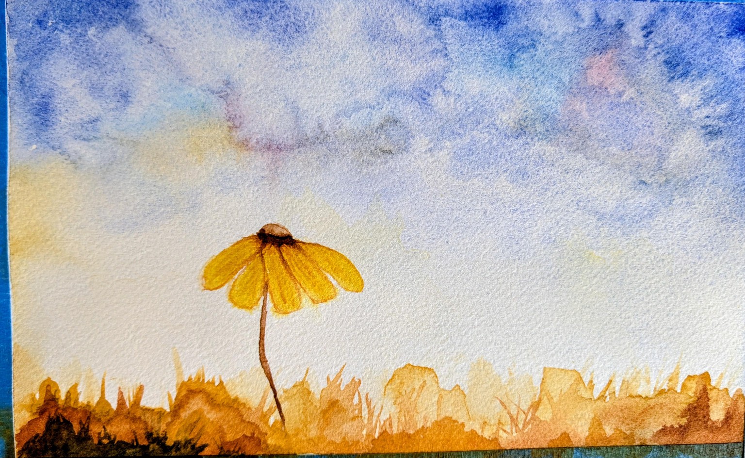 loose watercolor addendum meadow — soft sky, simple field, one yellow wildflower - image 1 - student project
