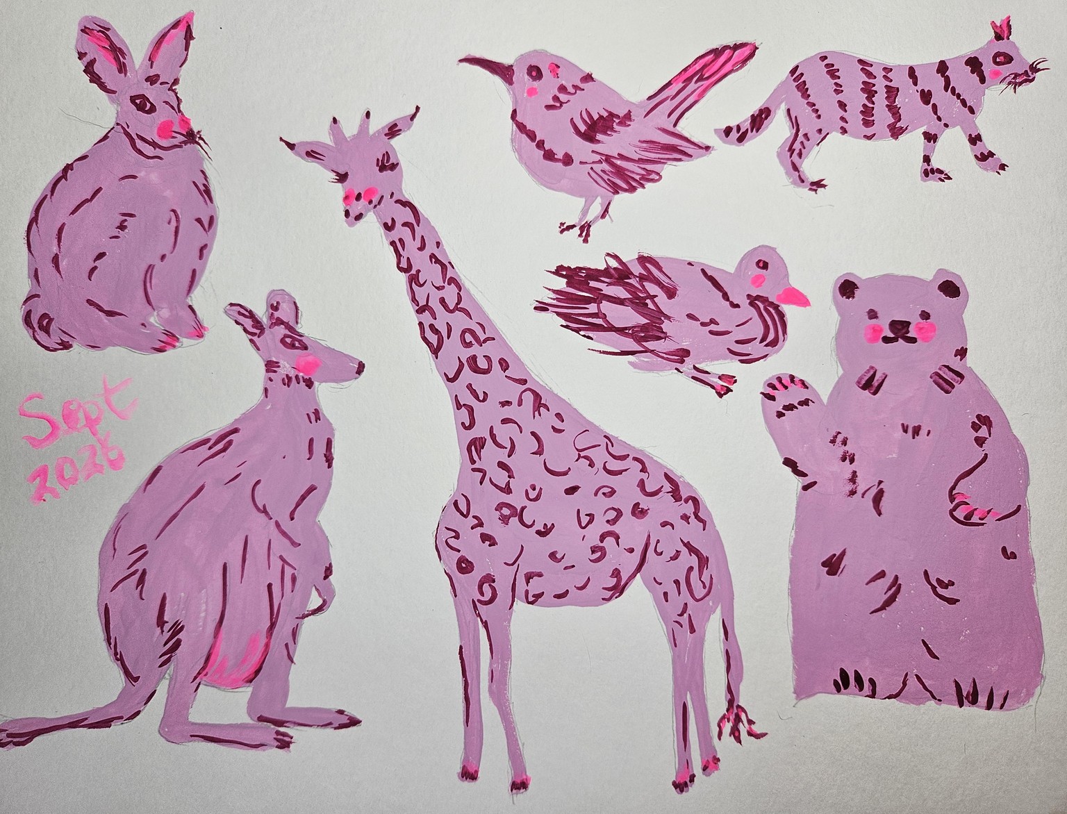 Pink gouache animals - image 1 - student project