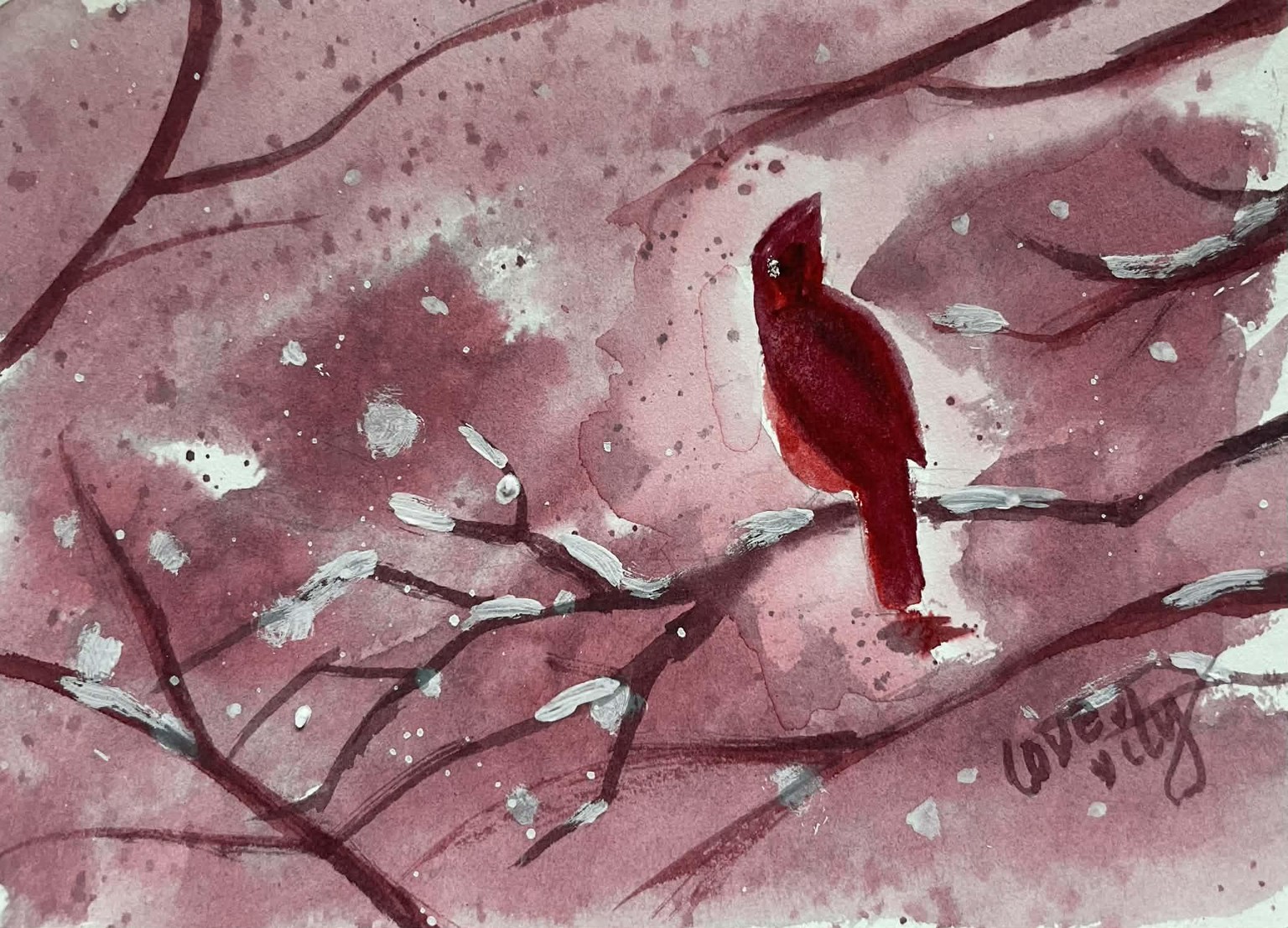 watercolour winter landscape painting:Santa's snow ride - image 4 - student project