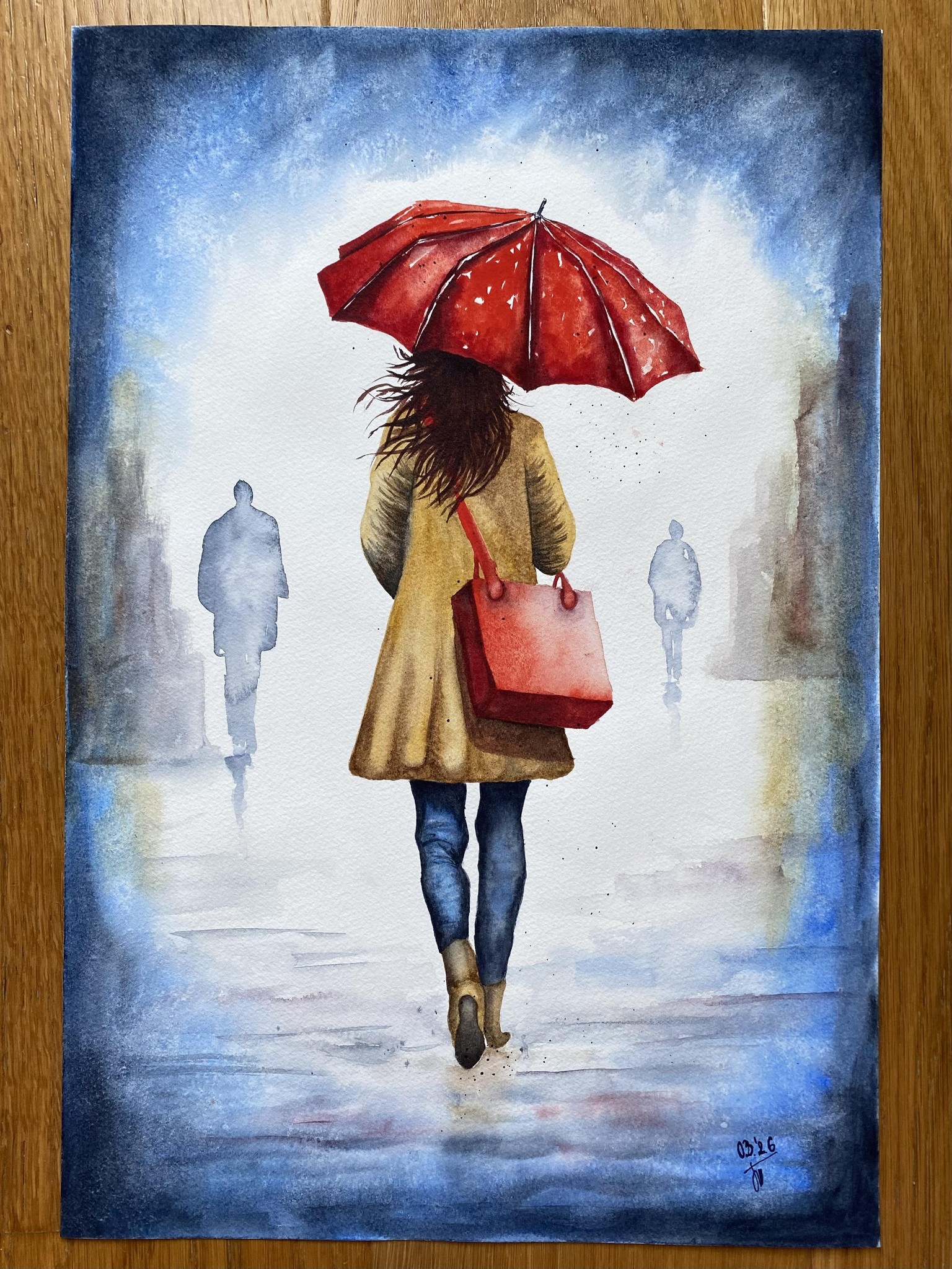Painting Rain and Figures in a Watercolour Landscape: The Red Umbrella - image 1 - student project