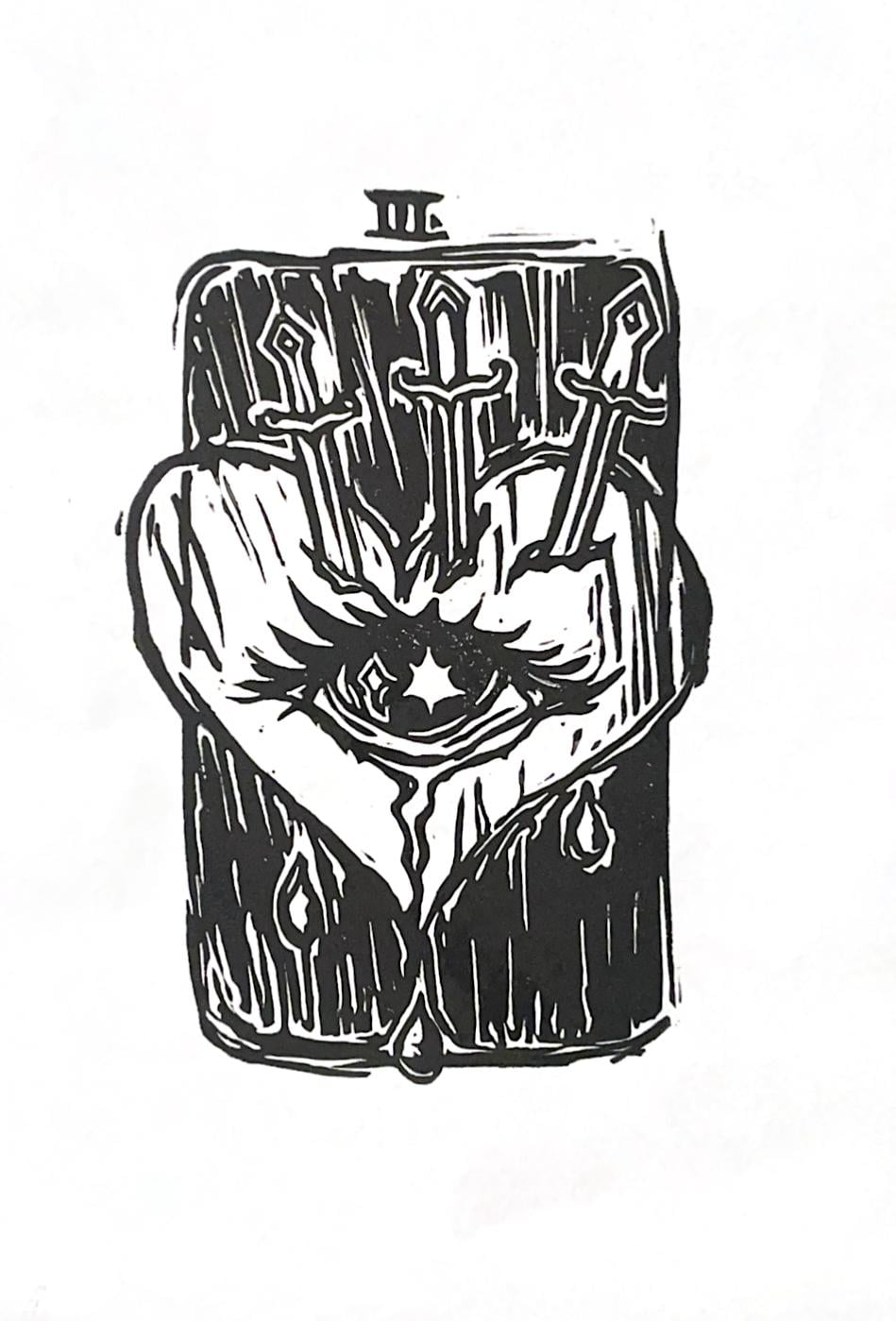 Three of Swords linocut - image 3 - student project
