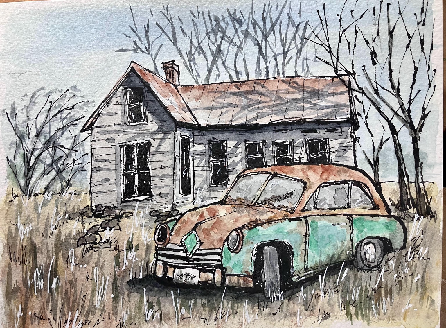 Pen and Wash:  Old car and building - image 1 - student project