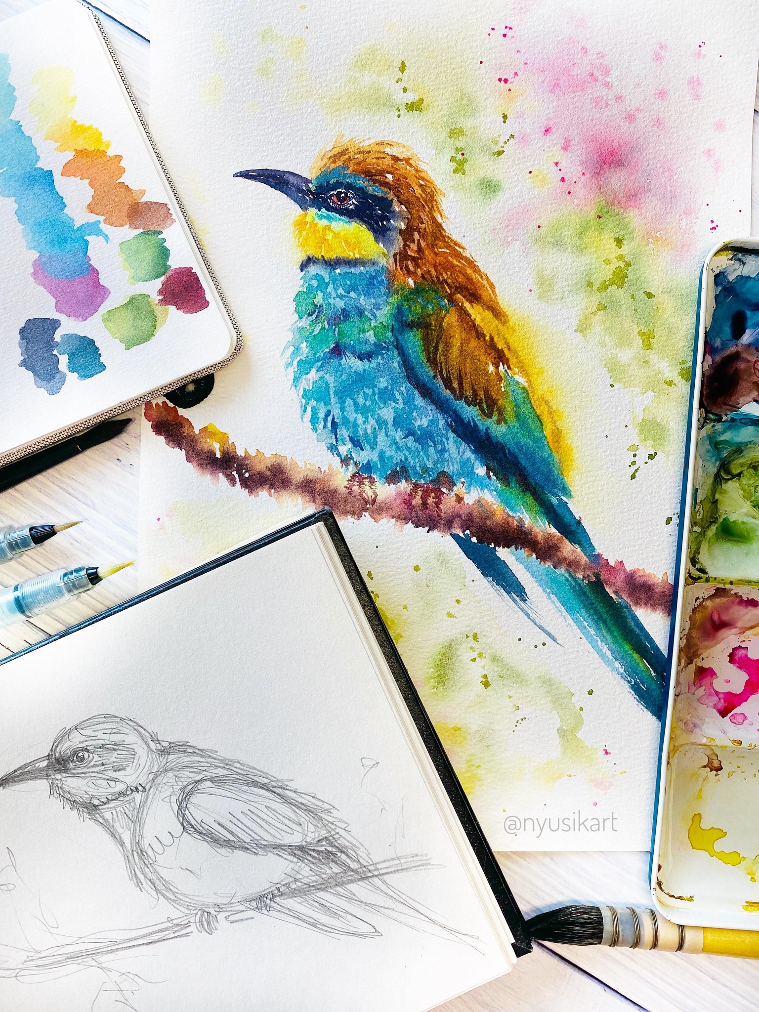 A Watercolor painting of a Bee Eater in loose expressive style - image 1 - student project