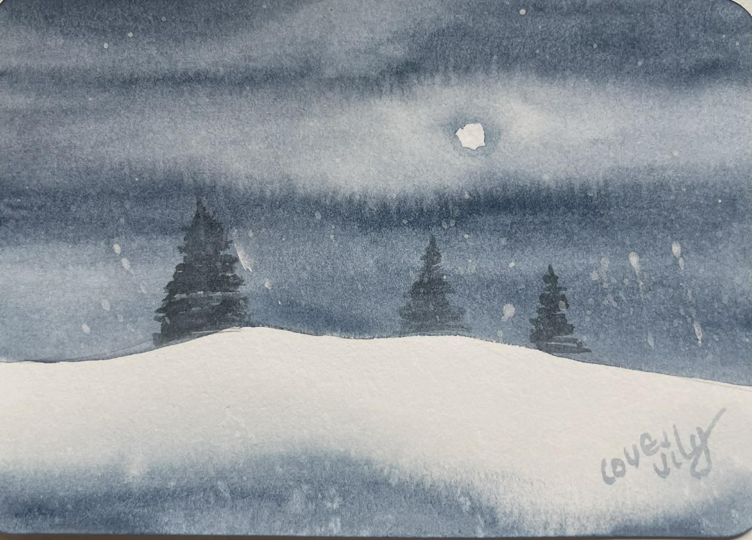 watercolour winter landscape painting:Santa's snow ride - image 2 - student project