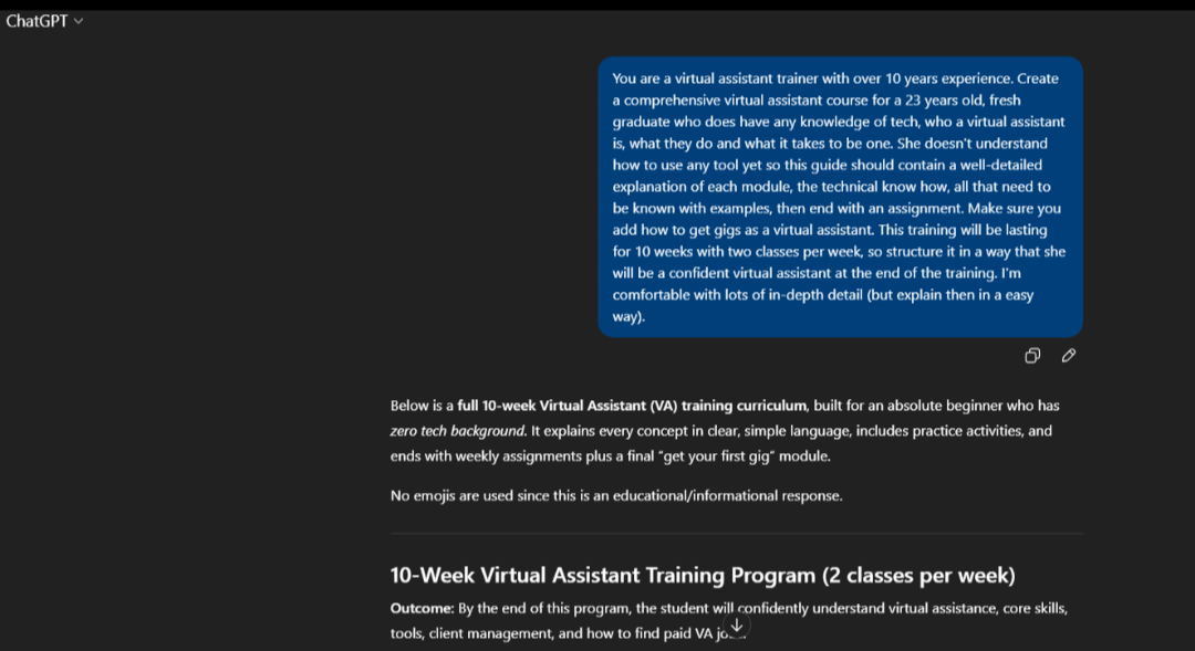 Virtual Assistant Training Prompt - image 1 - student project