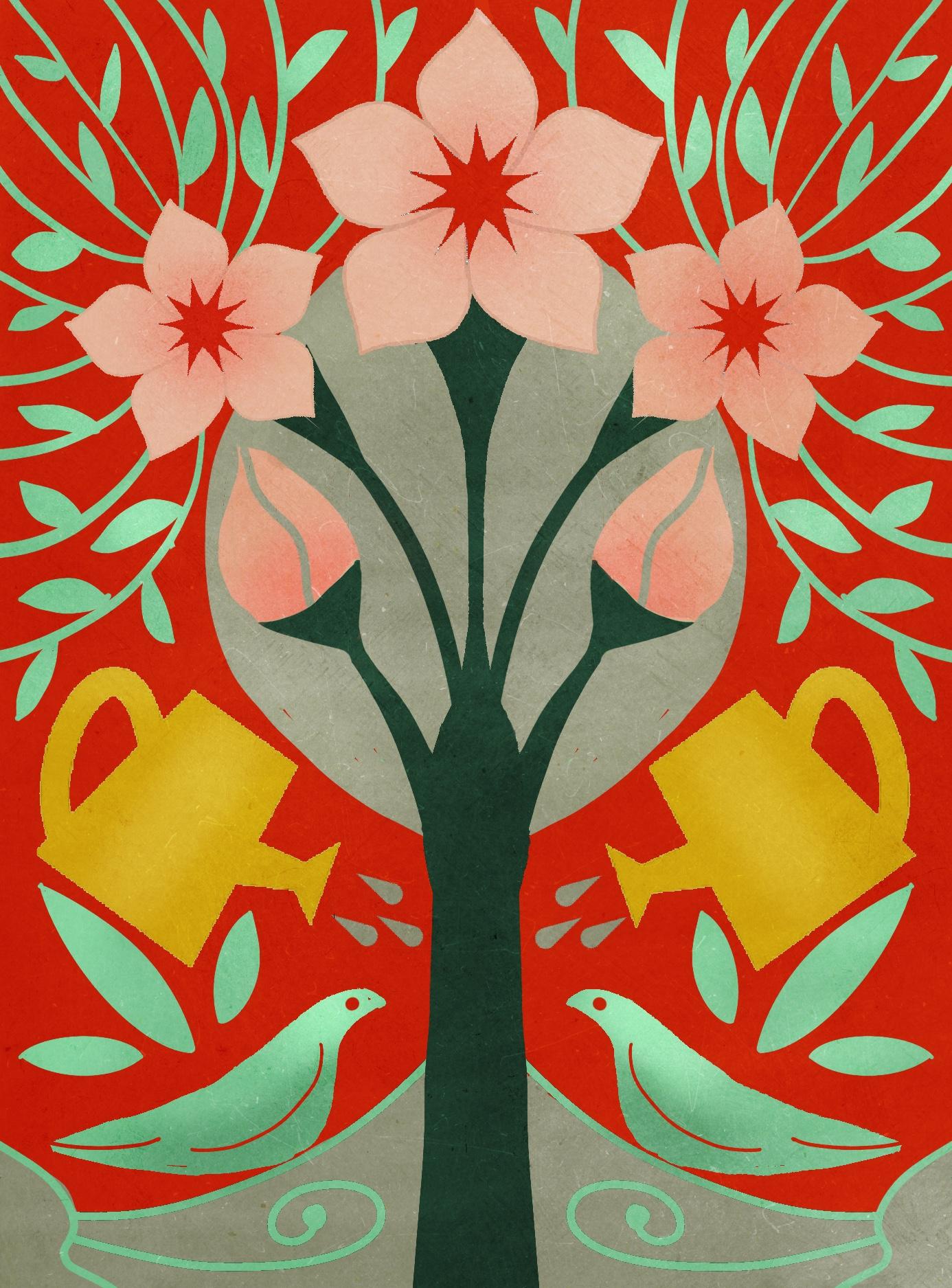 Dipladenia, birds, watering cans - image 1 - student project