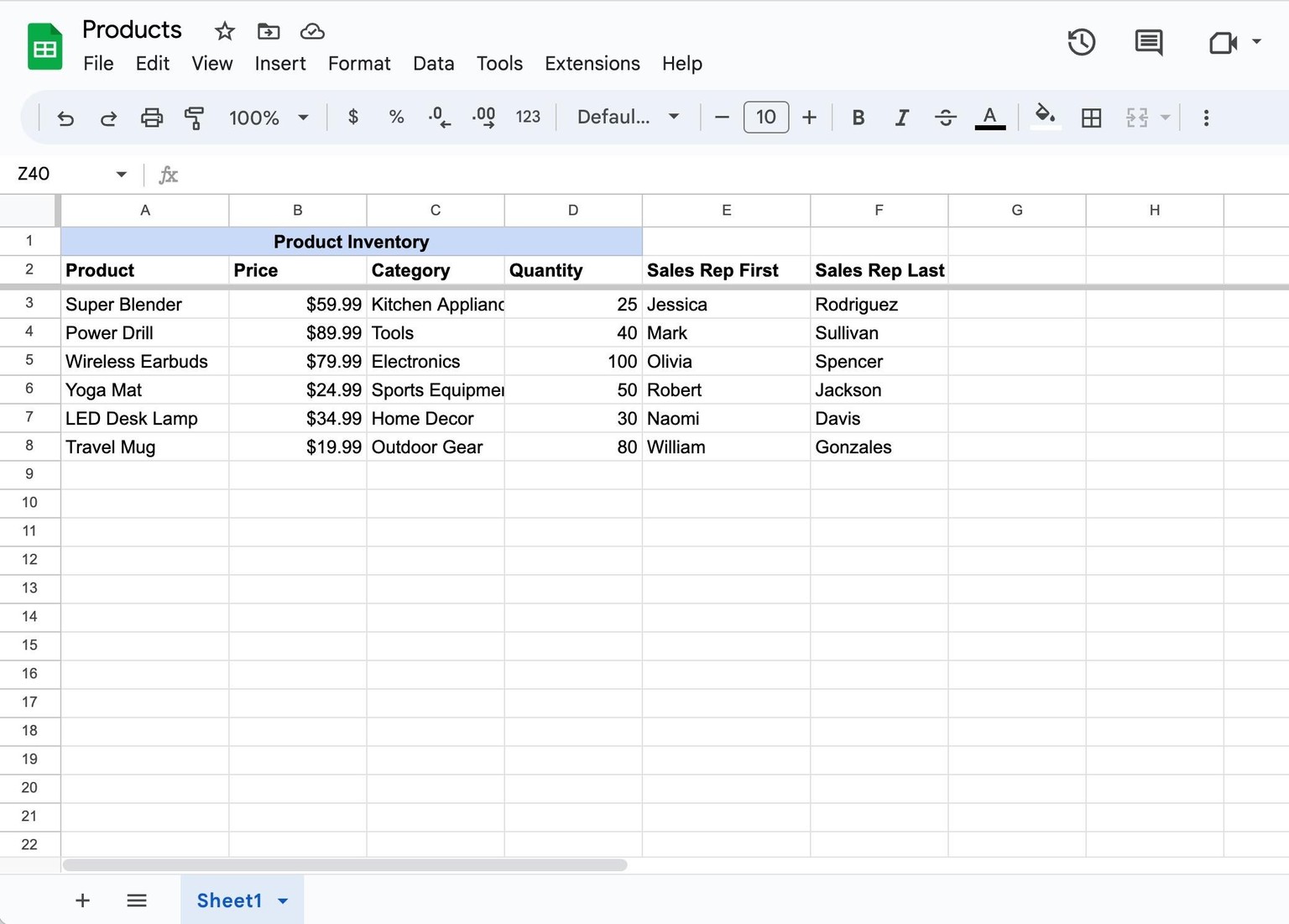 Google Sheets Example - image 1 - student project