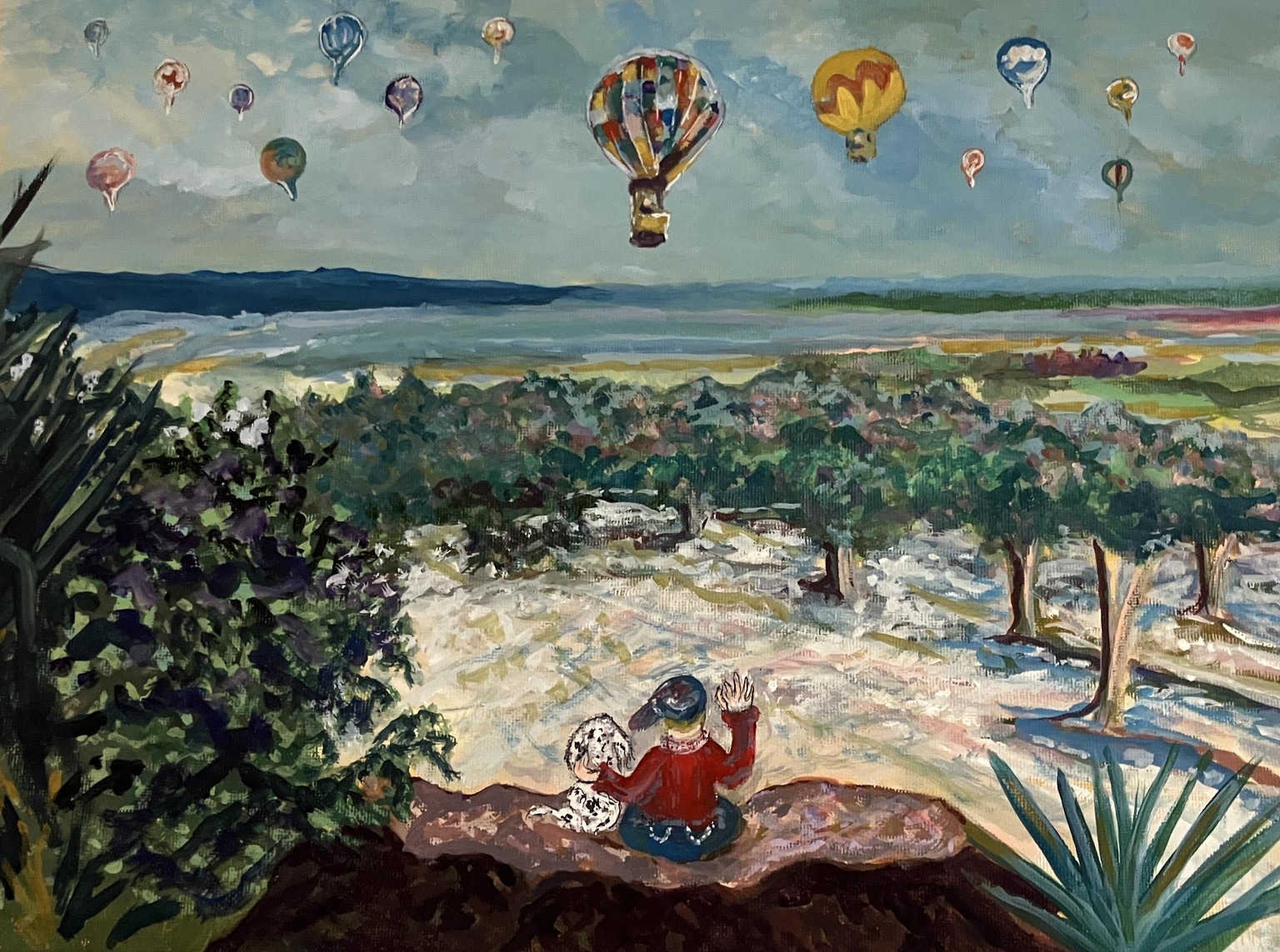 Imaginary Landscape in Gouache. Suzanne Allard’s Class. Little boy/dog watching the hot air balloons - image 1 - student project