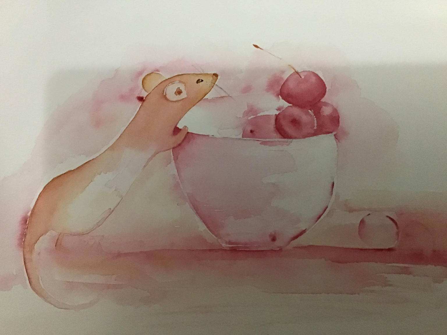 Loose watercolour painting mouse and cherries - image 1 - student project