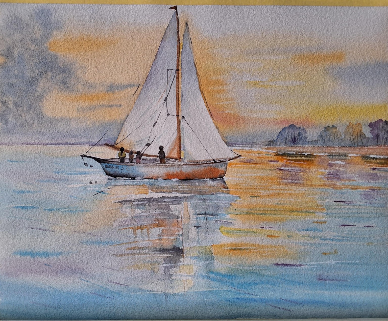 Sail boat in watercolor, capturing glow, reflections and calm - image 1 - student project