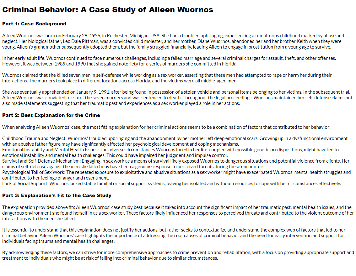 Criminal Behavior: A Case Study of Aileen Wuornos - image 1 - student project