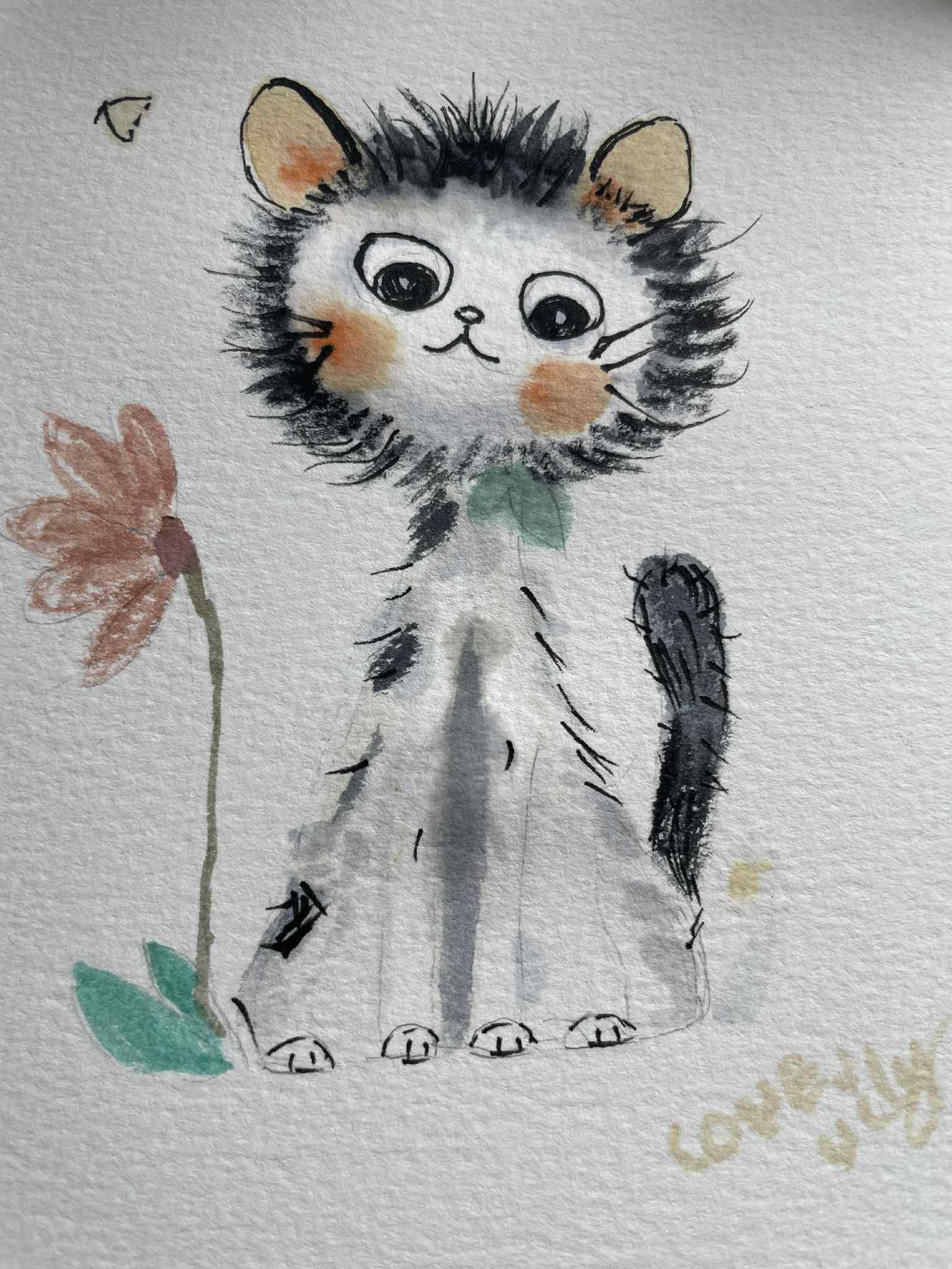 water & ink cat illustration for beginners-i really miss you teacher dawna! - image 1 - student project