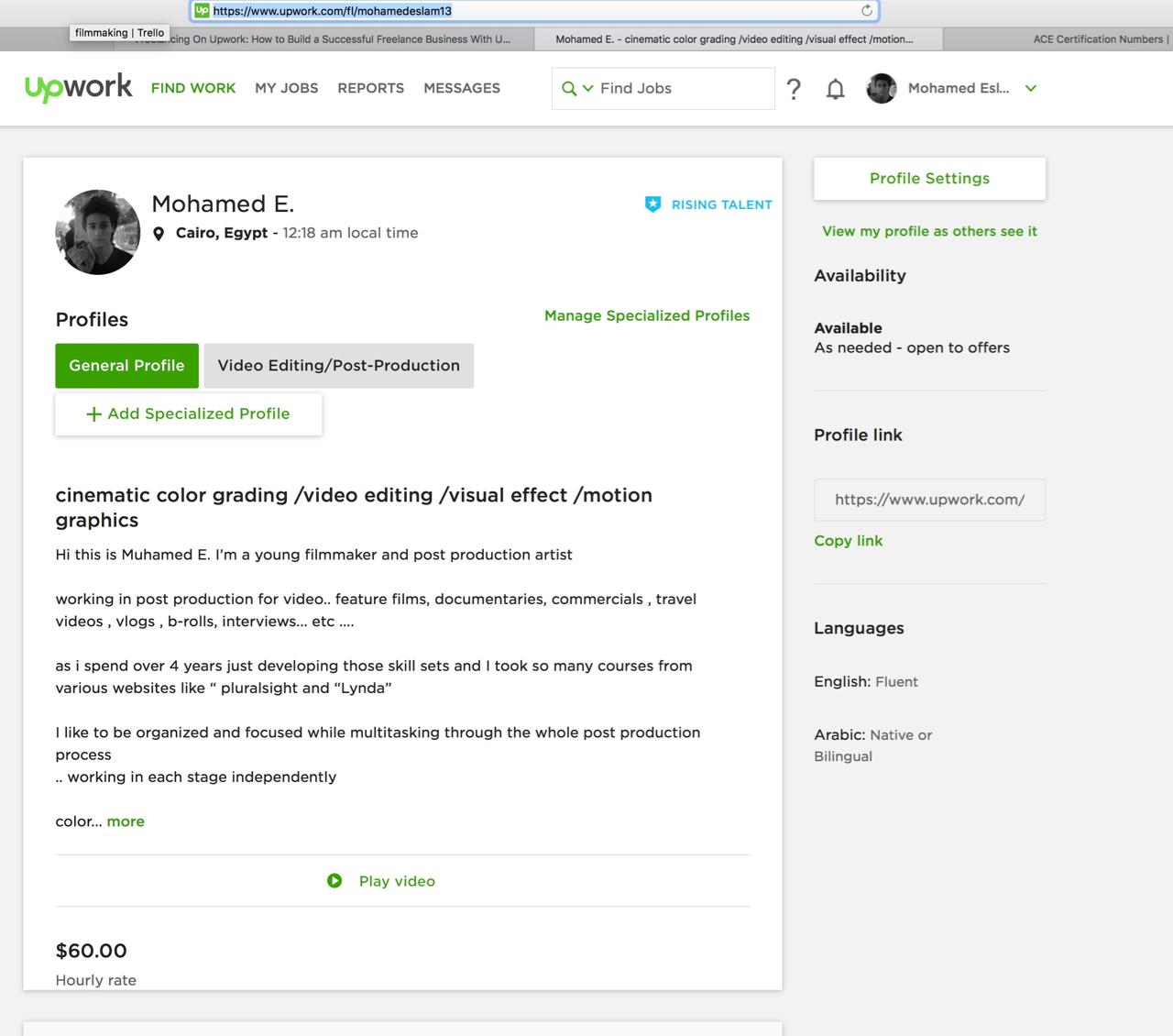 my upwork profile with  ( rising talent badge ) - image 1 - student project