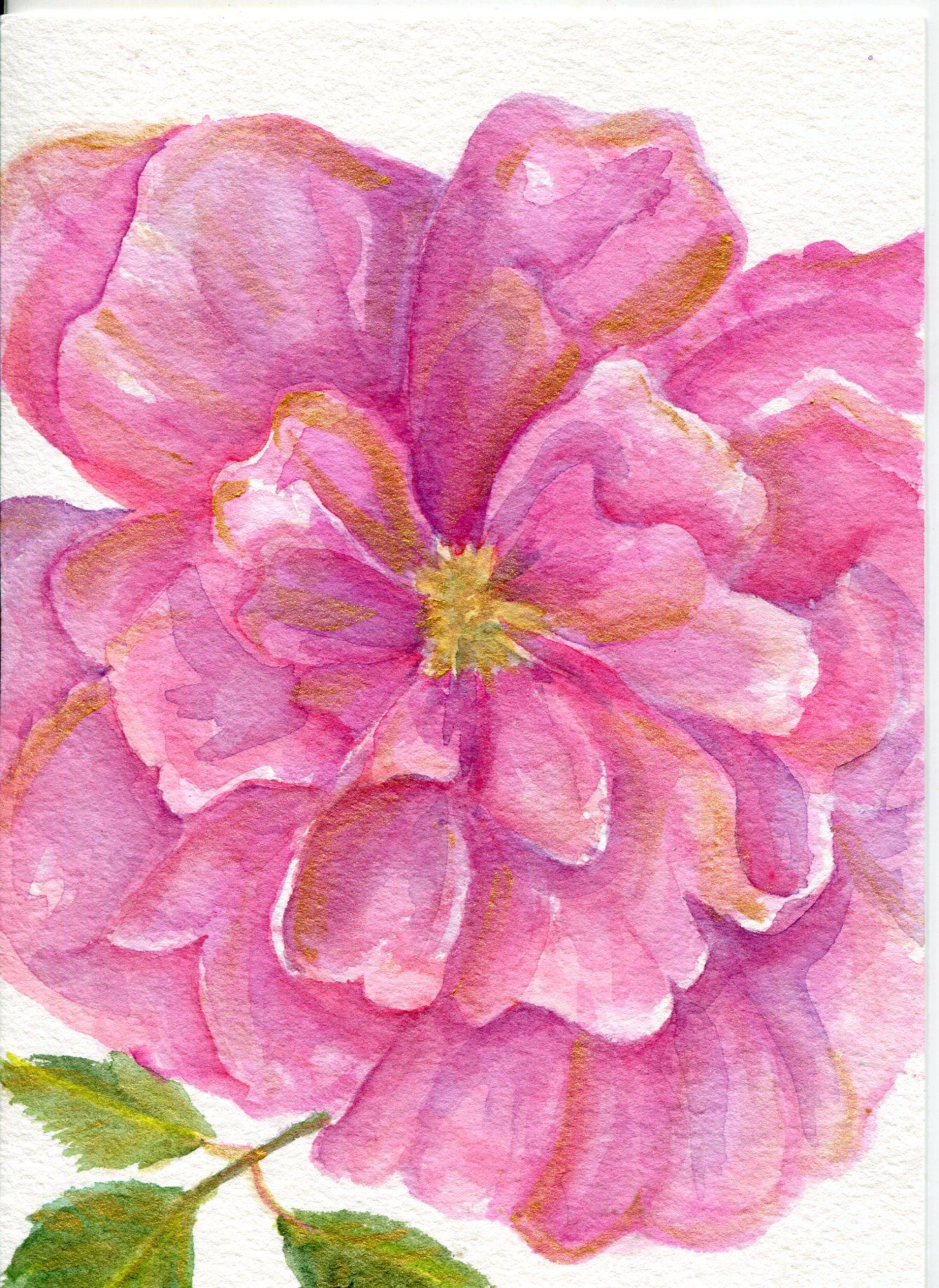 Pink Rose Watercolor Iridescent Bright Gold Metallic Highlights, Purple Hydrangeas with Silver - image 1 - student project