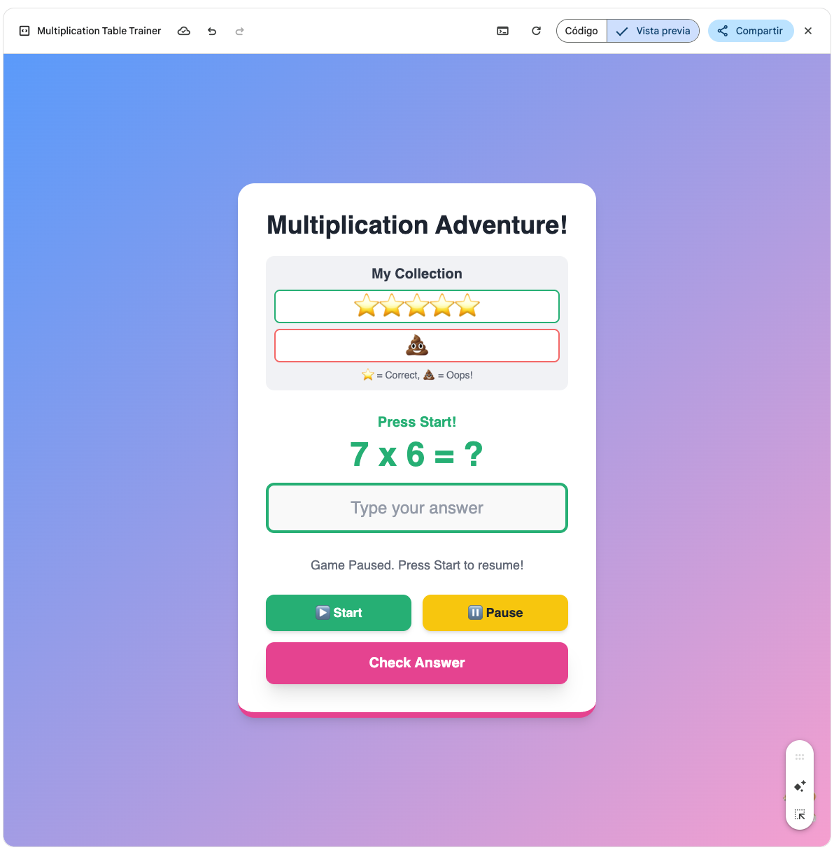Multiplication Table game - image 1 - student project