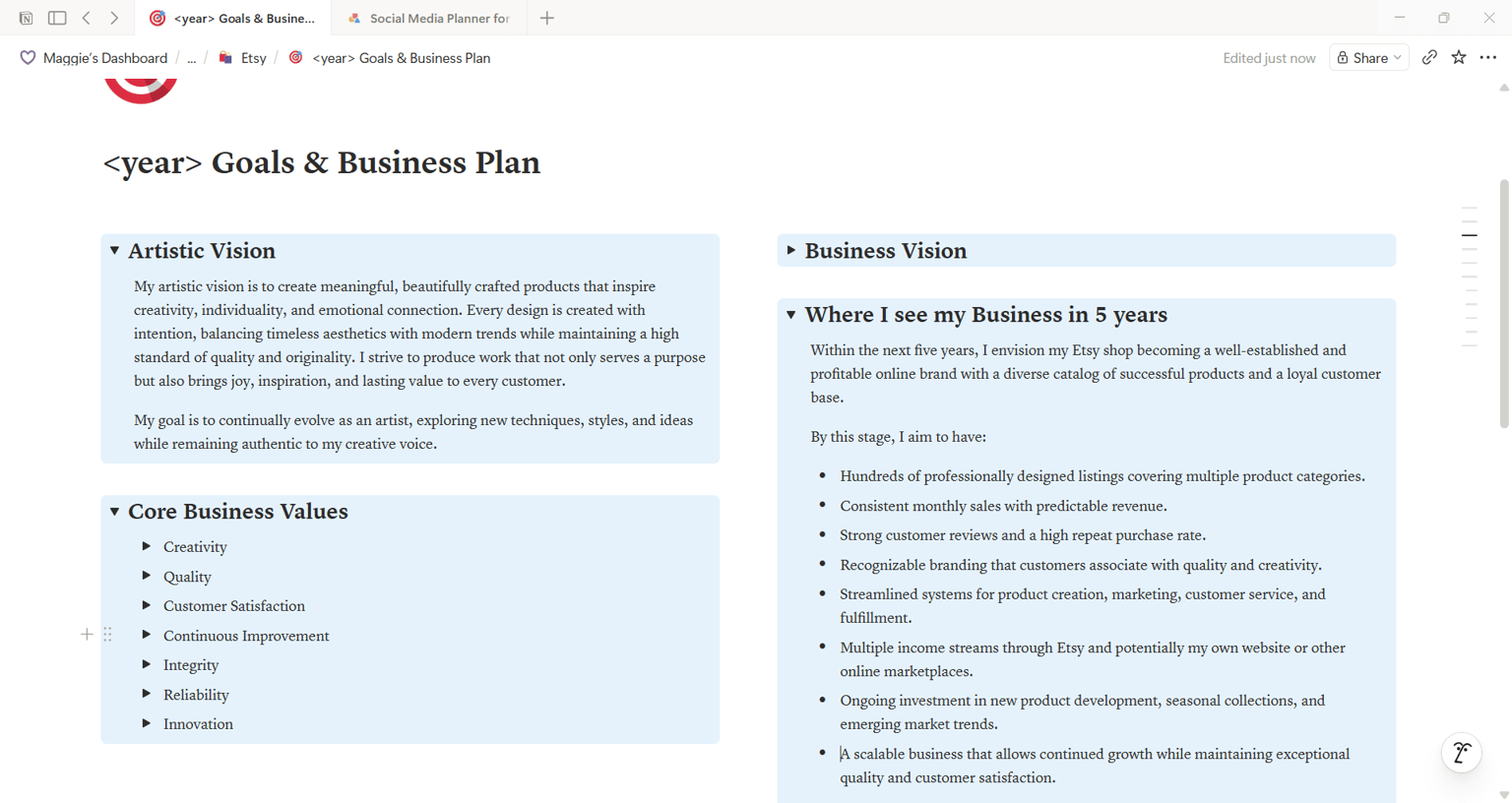 My Notion Etsy Goals - image 1 - student project