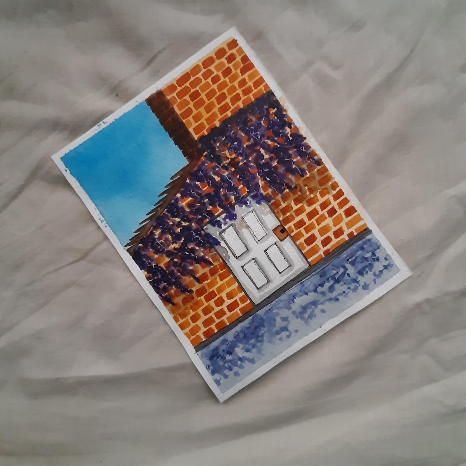 Watercolor florals - Learn to paint purple wisteria flowers against a brick wall - image 2 - student project