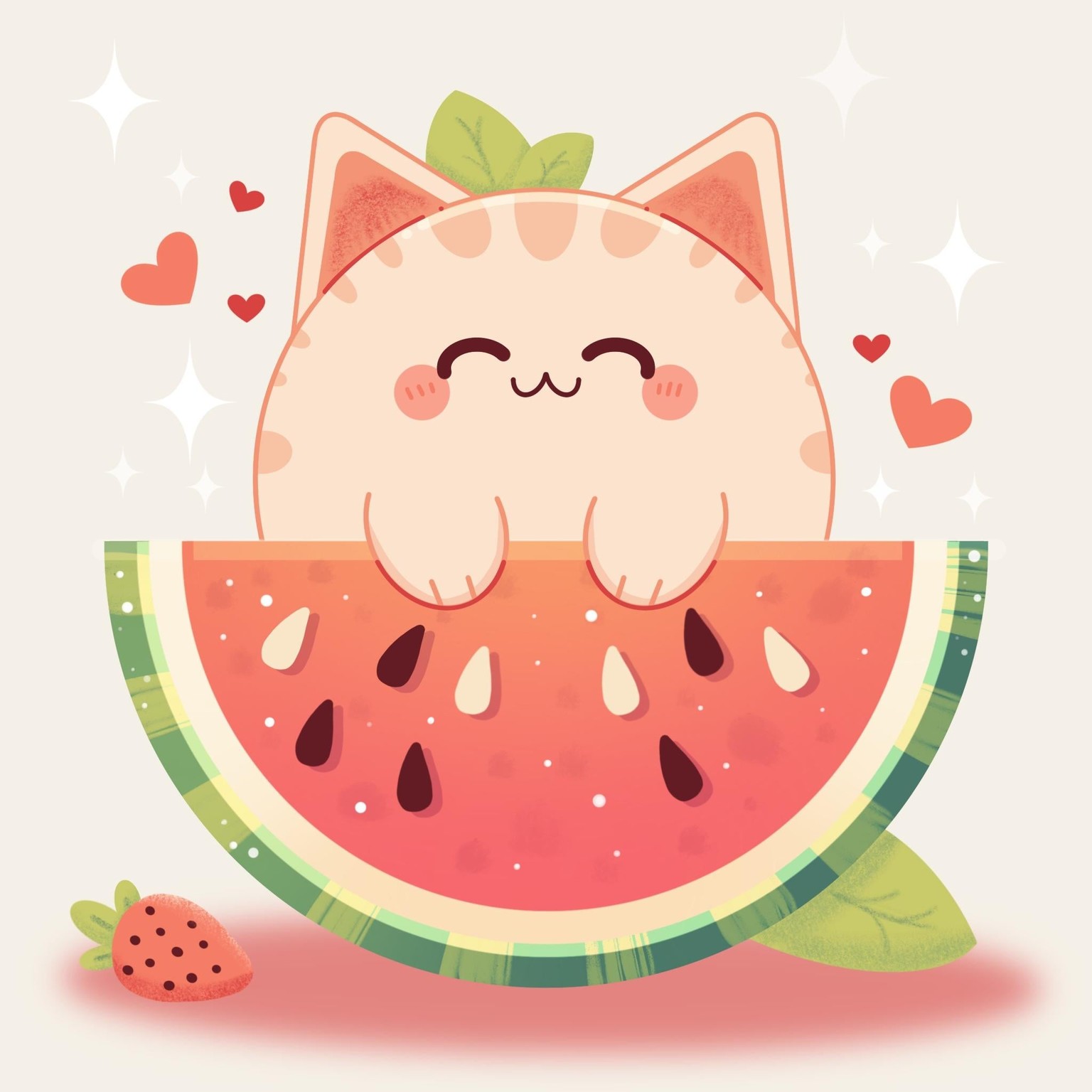 Kawaii Cat and Watermelon Illustration - image 1 - student project