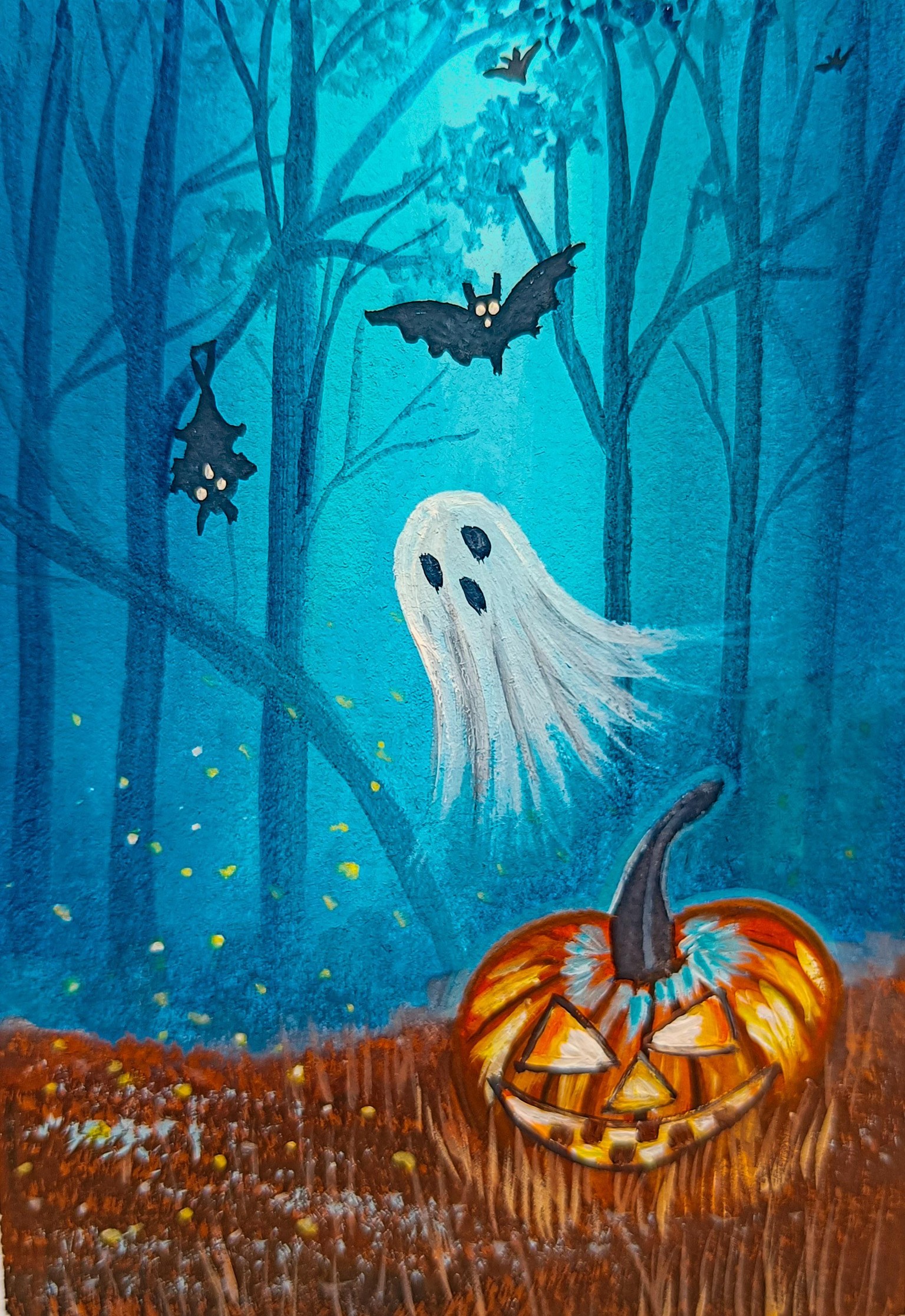 Misty Forest Halloween with pumpkins - gouache painting - image 2 - student project