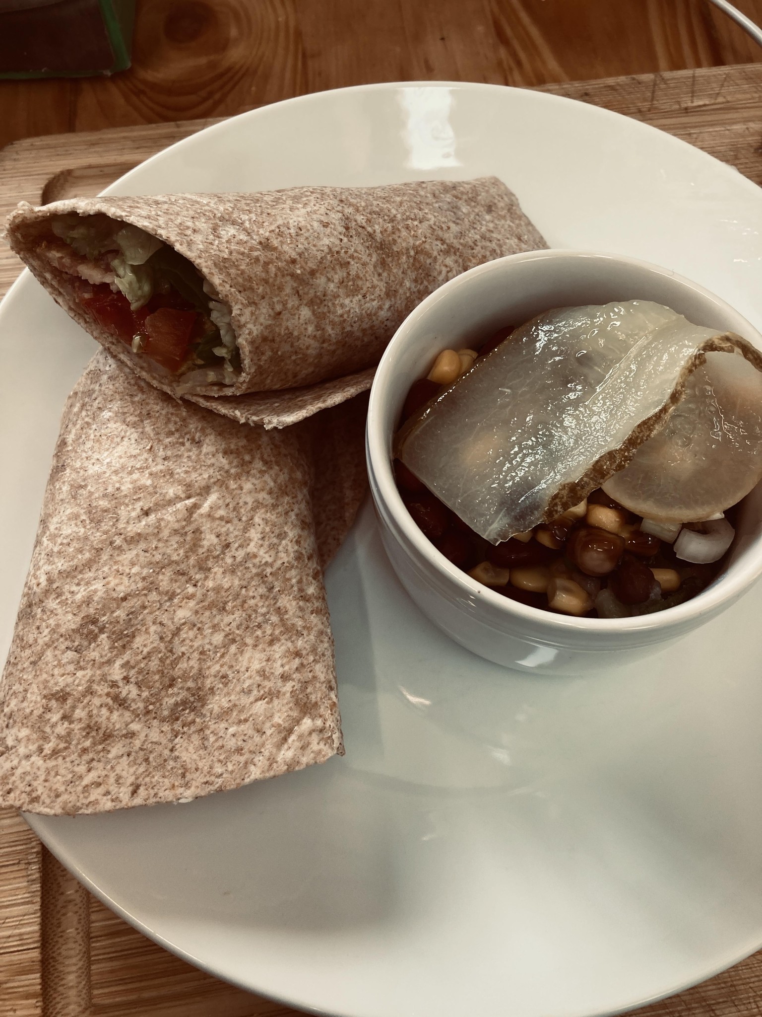 egg salad wrap with salad leaves and zesty, mint bean salad and a pickle - image 1 - student project