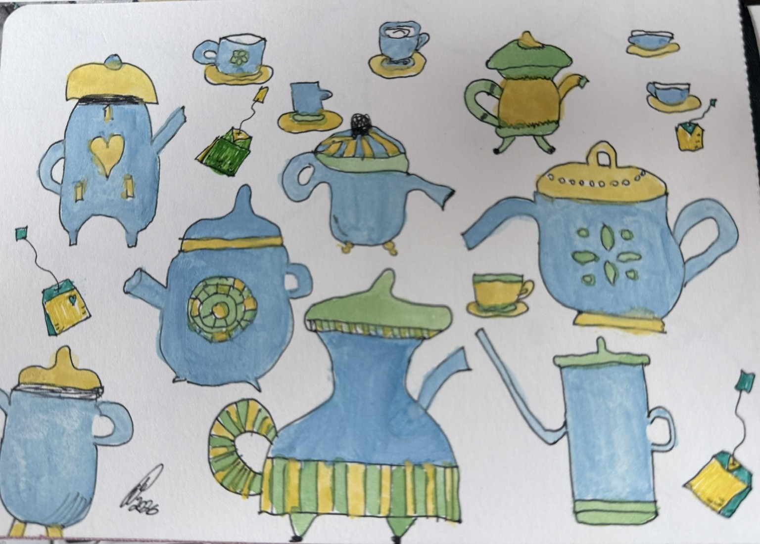 Teapots & Teabags in blues and yellows - image 1 - student project