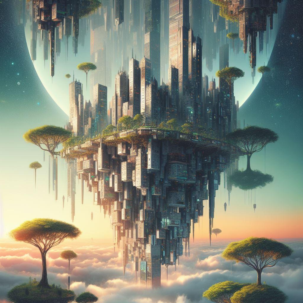 A surreal cityscape with floating buildings and upside-down trees, digital art - image 2 - student project