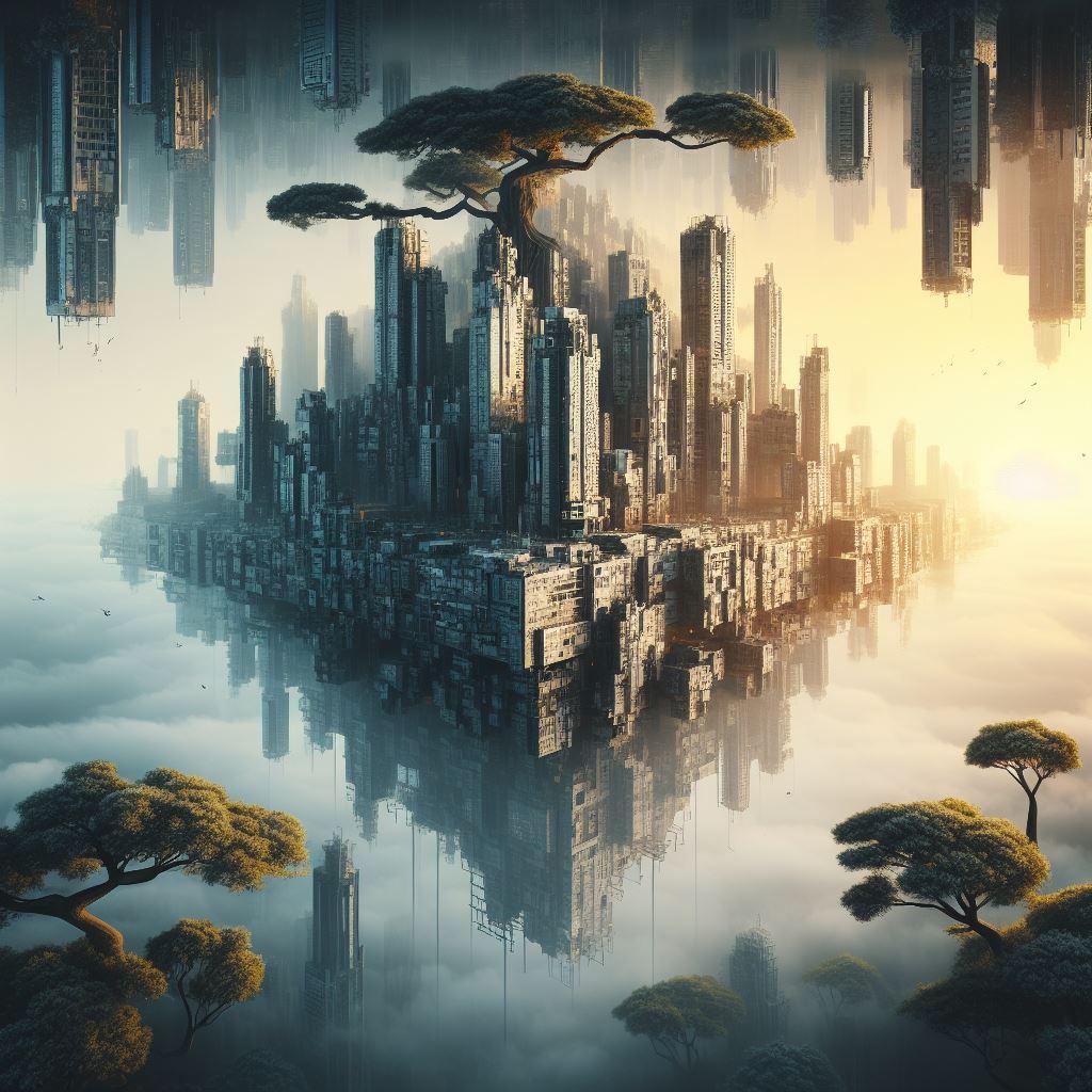 A surreal cityscape with floating buildings and upside-down trees, digital art - image 1 - student project