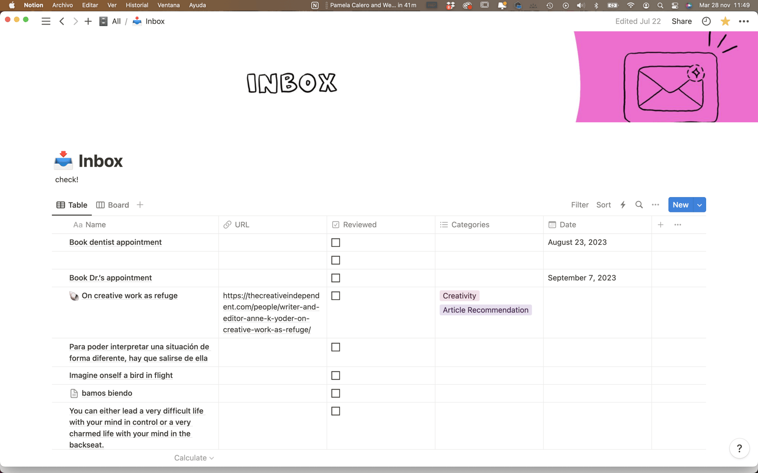 Pamela's Notion: My Digital Sketchbook, Second Brain & Inbox - image 5 - student project