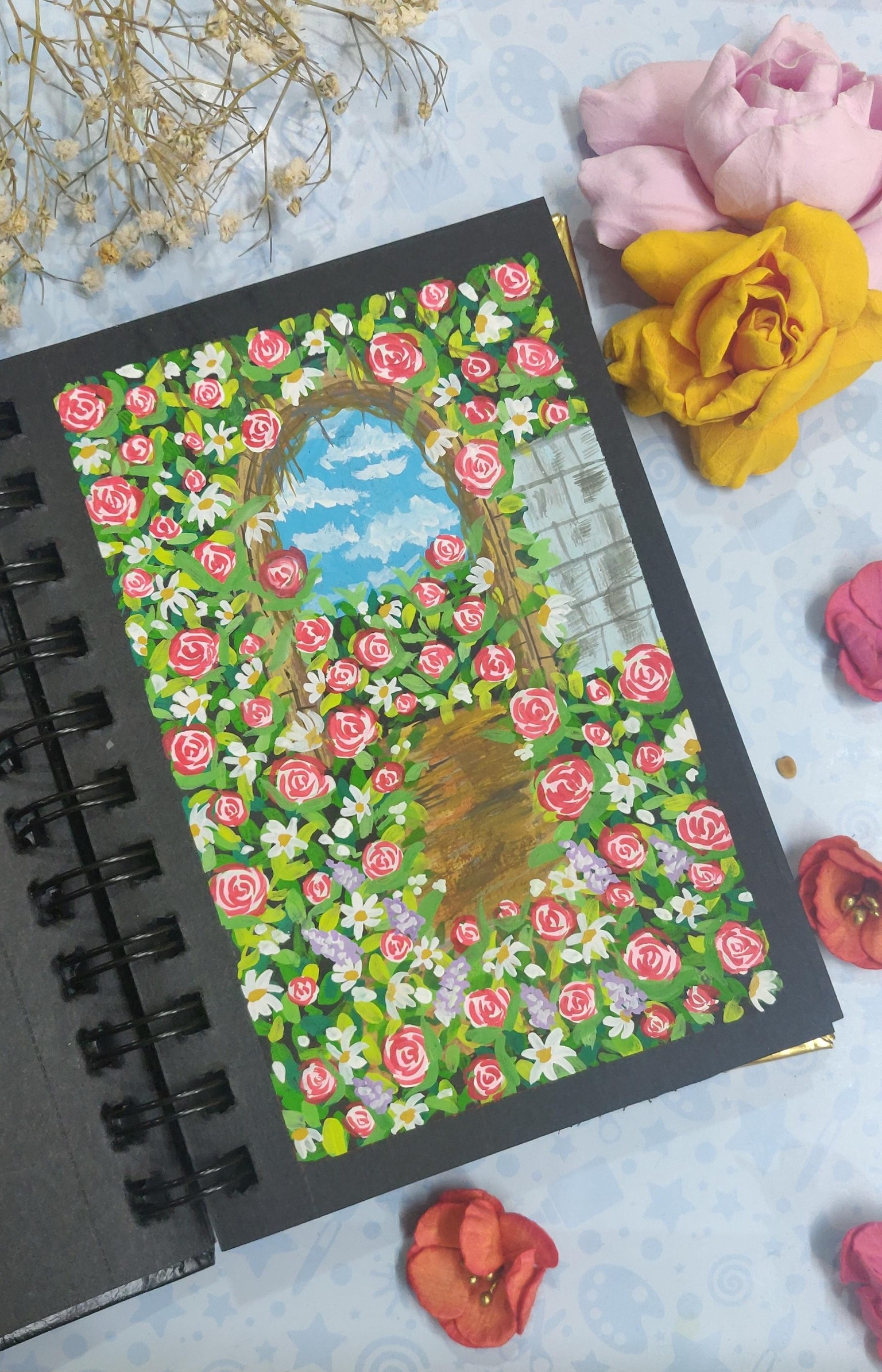 Gouache on black paper: beginner friendly rose meadow with gouache - image 1 - student project