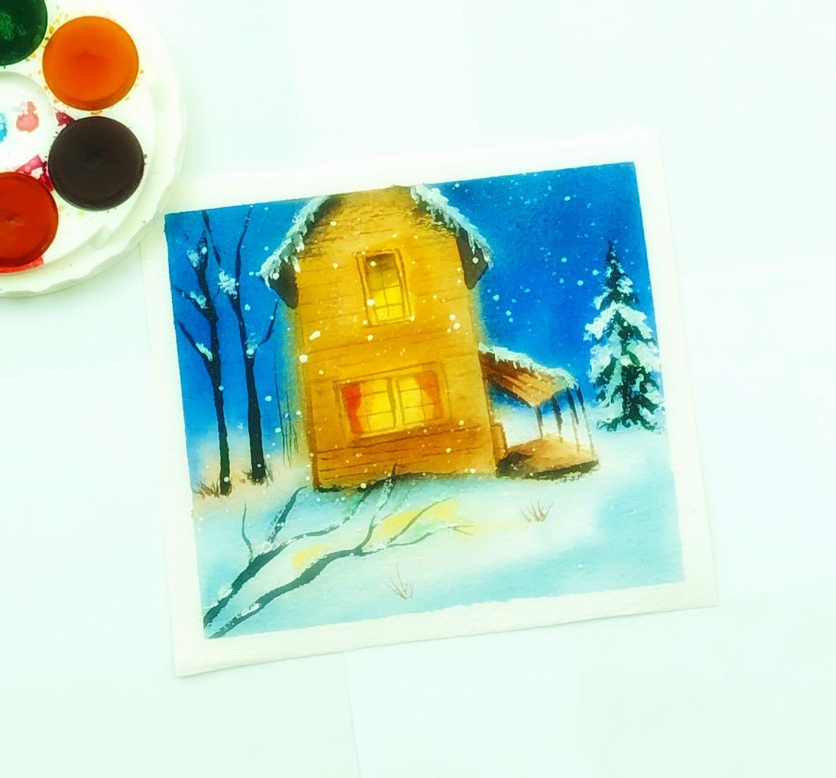 Winter barn watercolor landscape - image 1 - student project