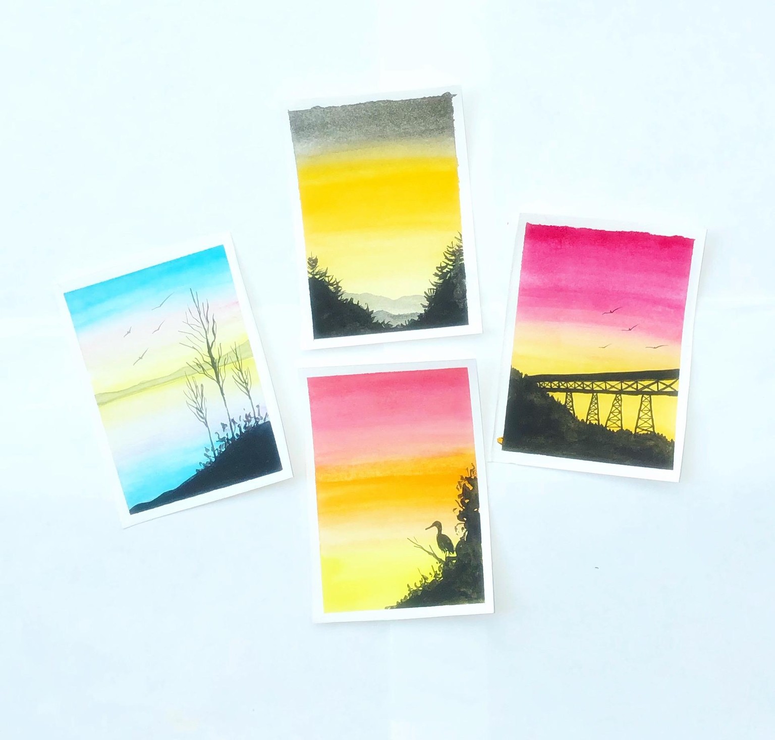 Watercolor sunset and silhouettes - image 1 - student project