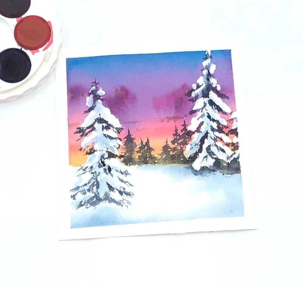 Winter pines in watercolor - image 1 - student project
