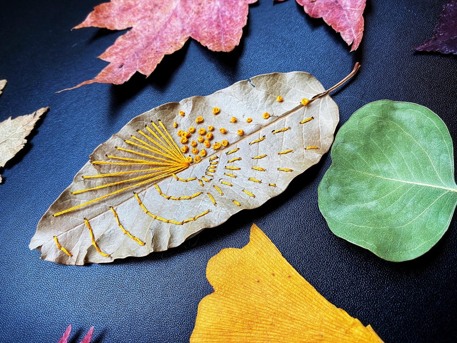 Hand Embroidery on Leaves - image 2 - student project