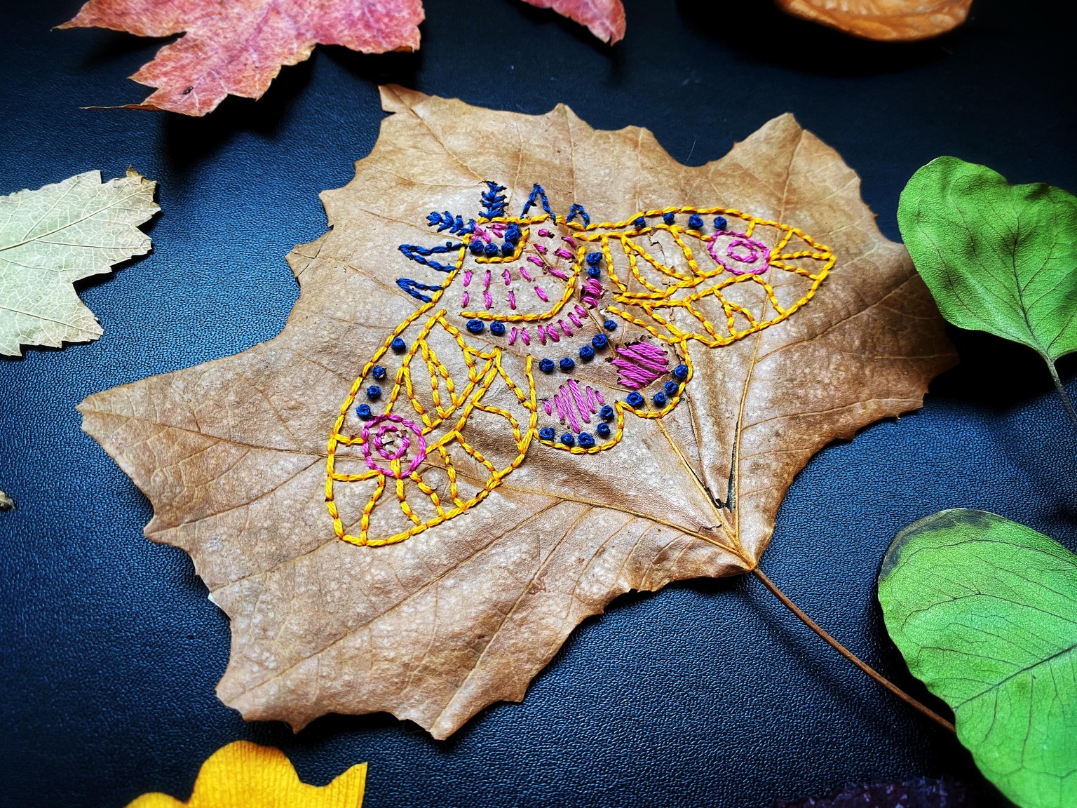 Hand Embroidery on Leaves - image 1 - student project