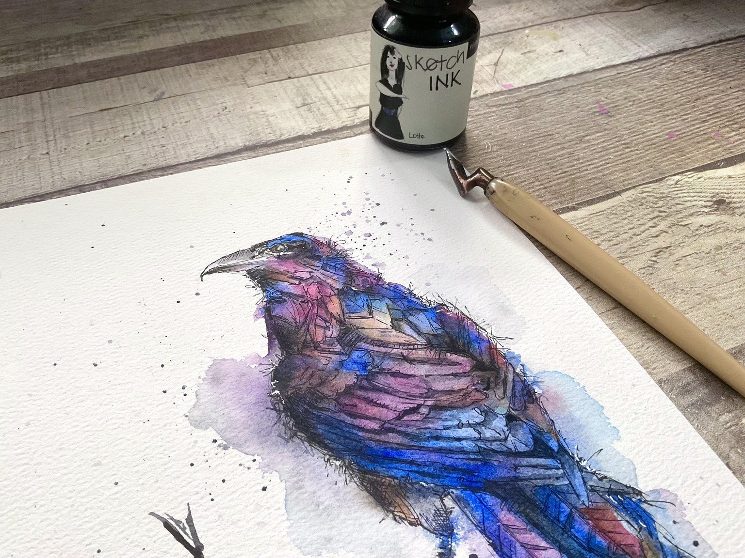 Ink and watercolor raven. - image 3 - student project