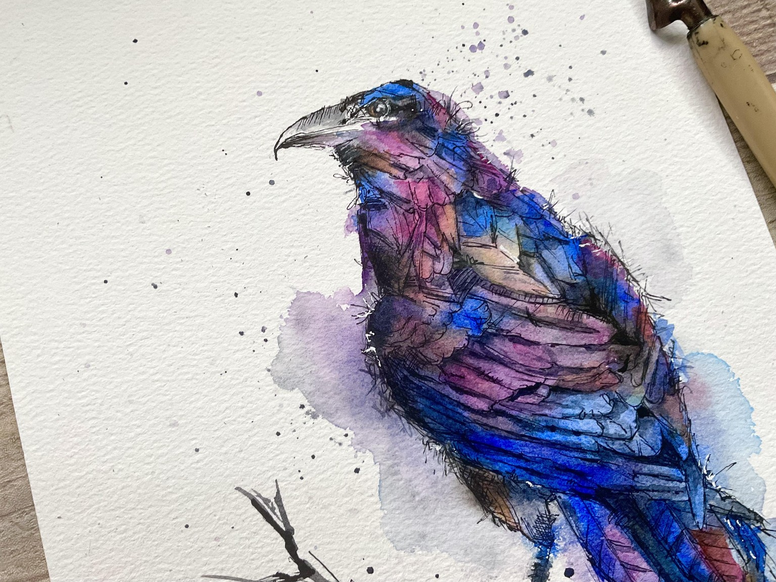 Ink and watercolor raven. - image 2 - student project