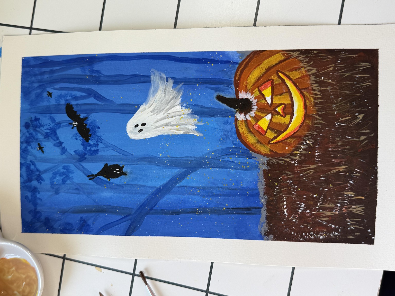 Gouache painting: Misty forest Halloween with pumpkins 🎃 👻 - image 1 - student project
