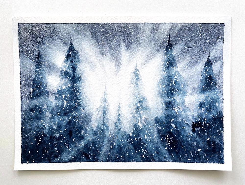 Watercolor Snowy Backlit Pines - image 1 - student project