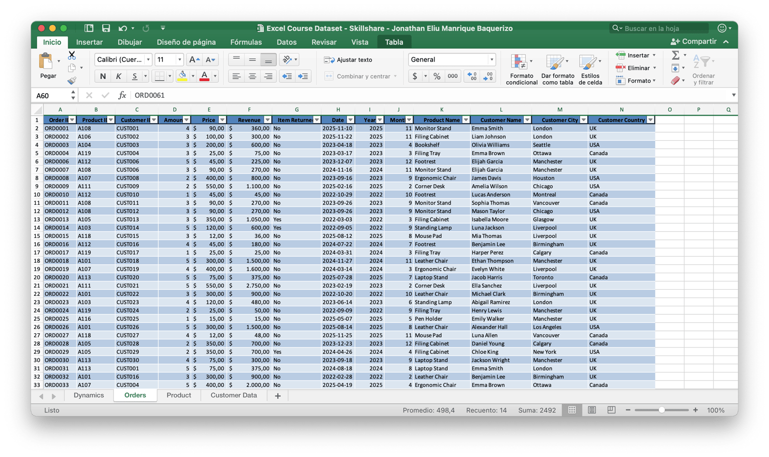 Excel Course Dataset - Skillshare - Jonathan Eliu Manrique Baquerizo - image 1 - student project