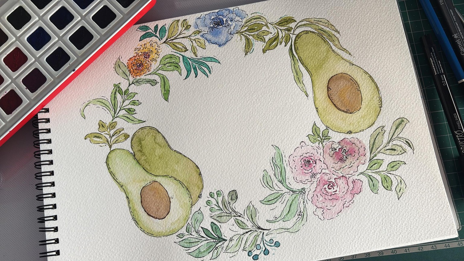 Pear & Avocado Watercolor Wreath. - image 2 - student project