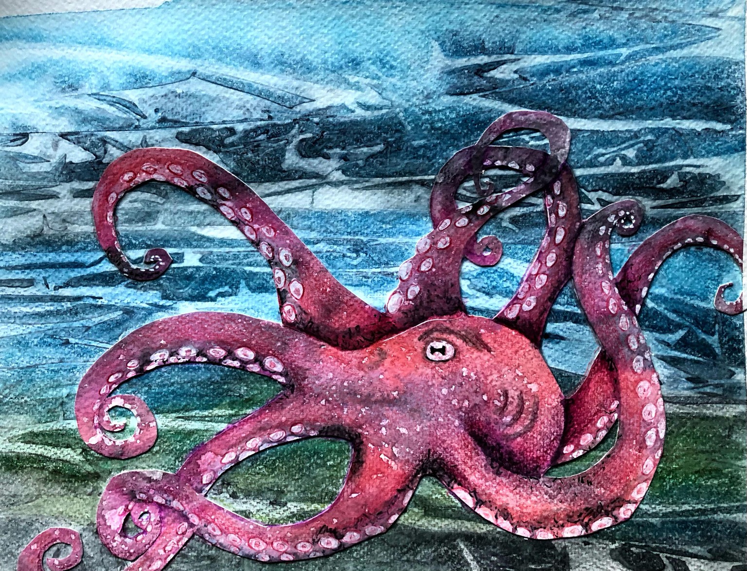 Watercolor Mixed Media Collage Octopus - image 1 - student project