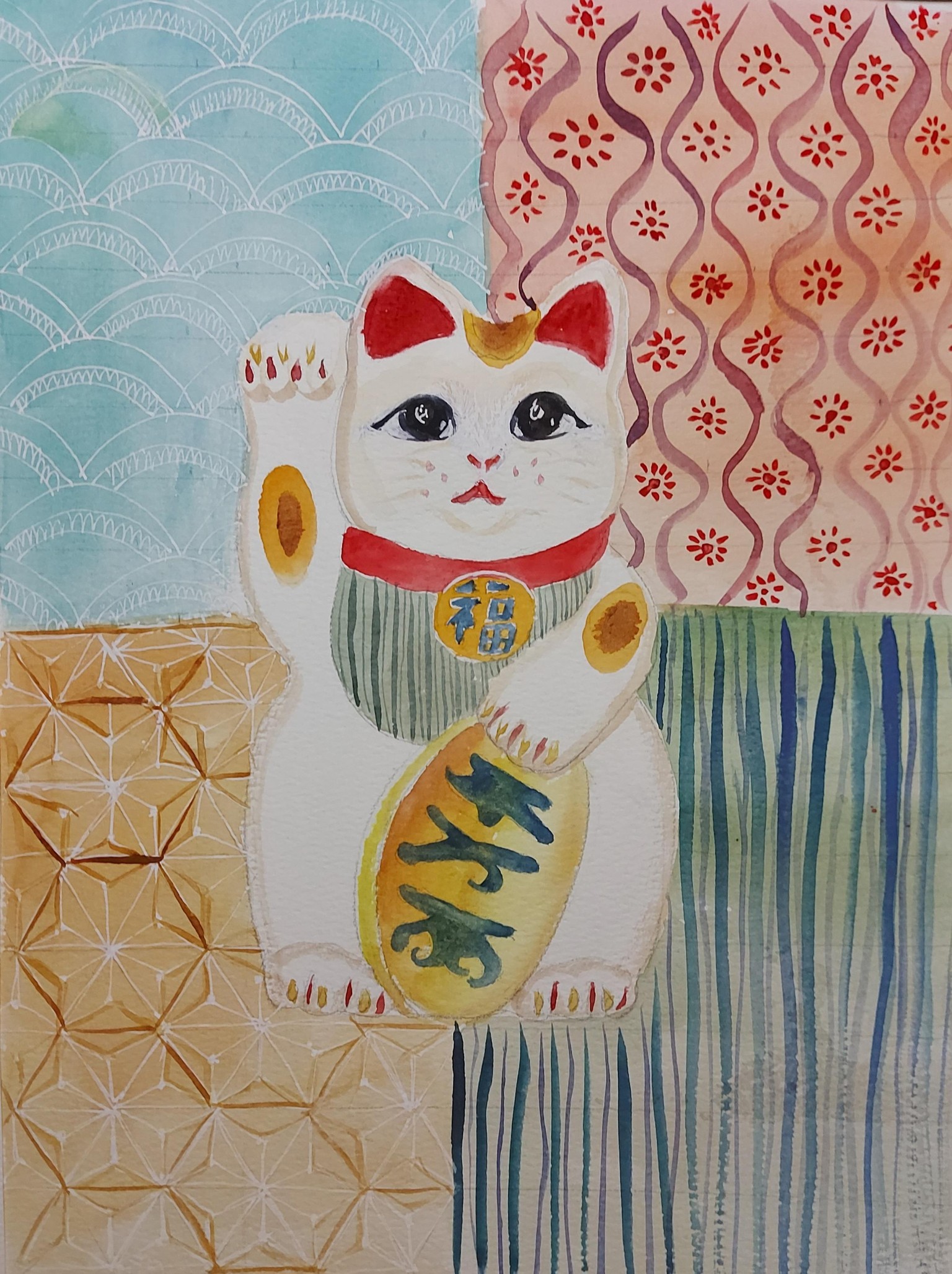 Japanese Lucky Cat In Watercolor - image 1 - student project