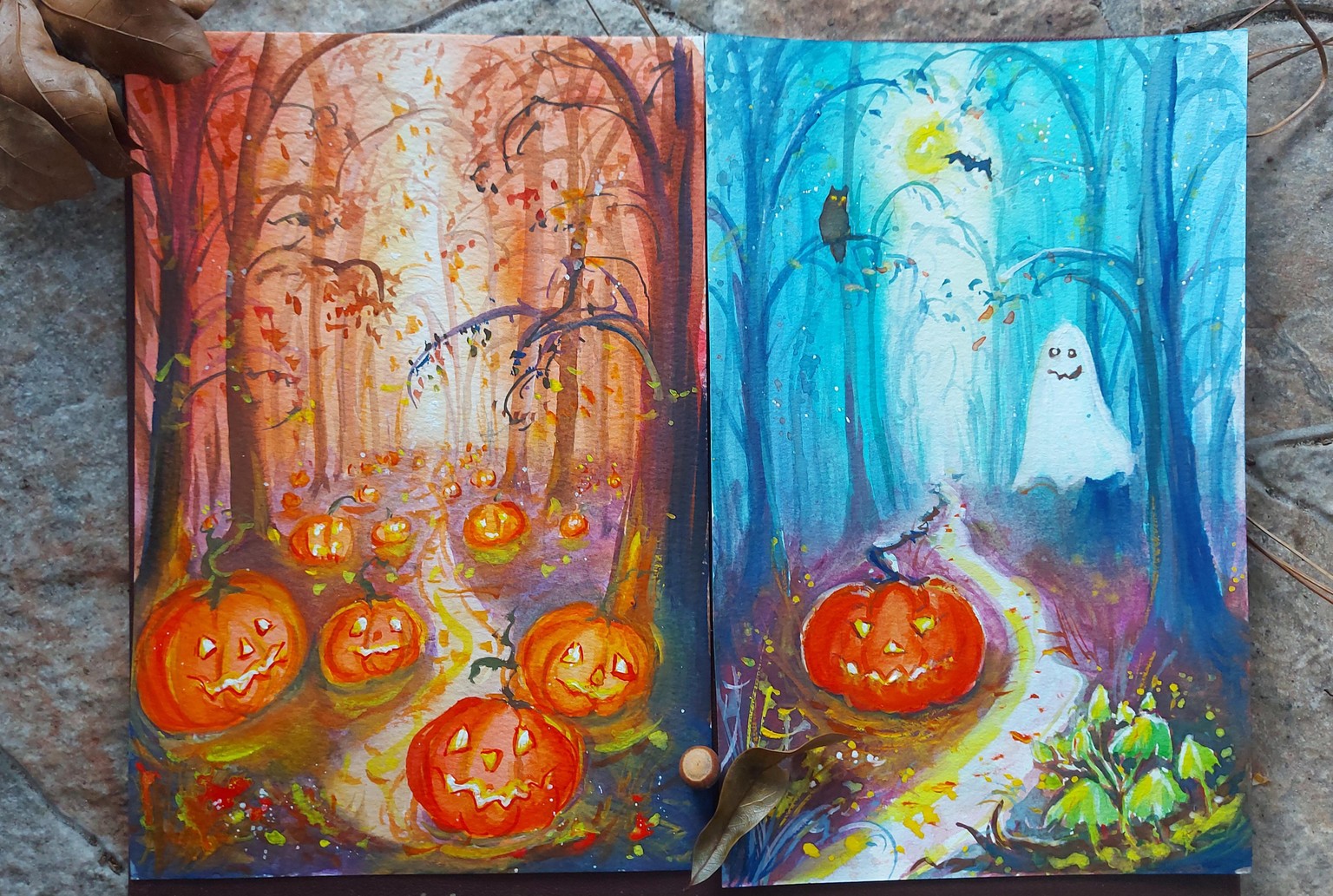 Gouache Painting : 🎃 Misty Forest Halloween With Pumpkins 🎃 - image 3 - student project