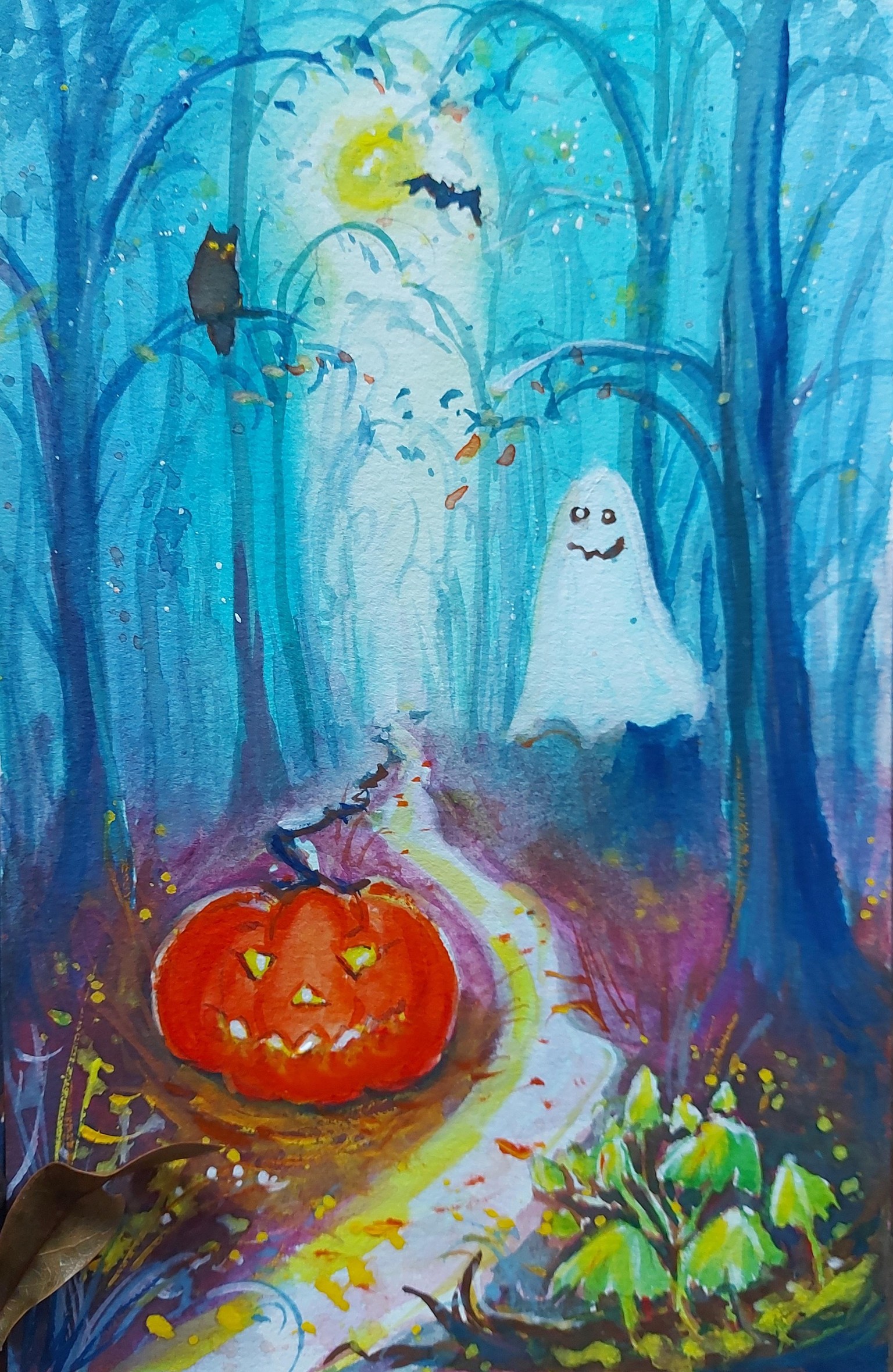 Gouache Painting : 🎃 Misty Forest Halloween With Pumpkins 🎃 - image 1 - student project