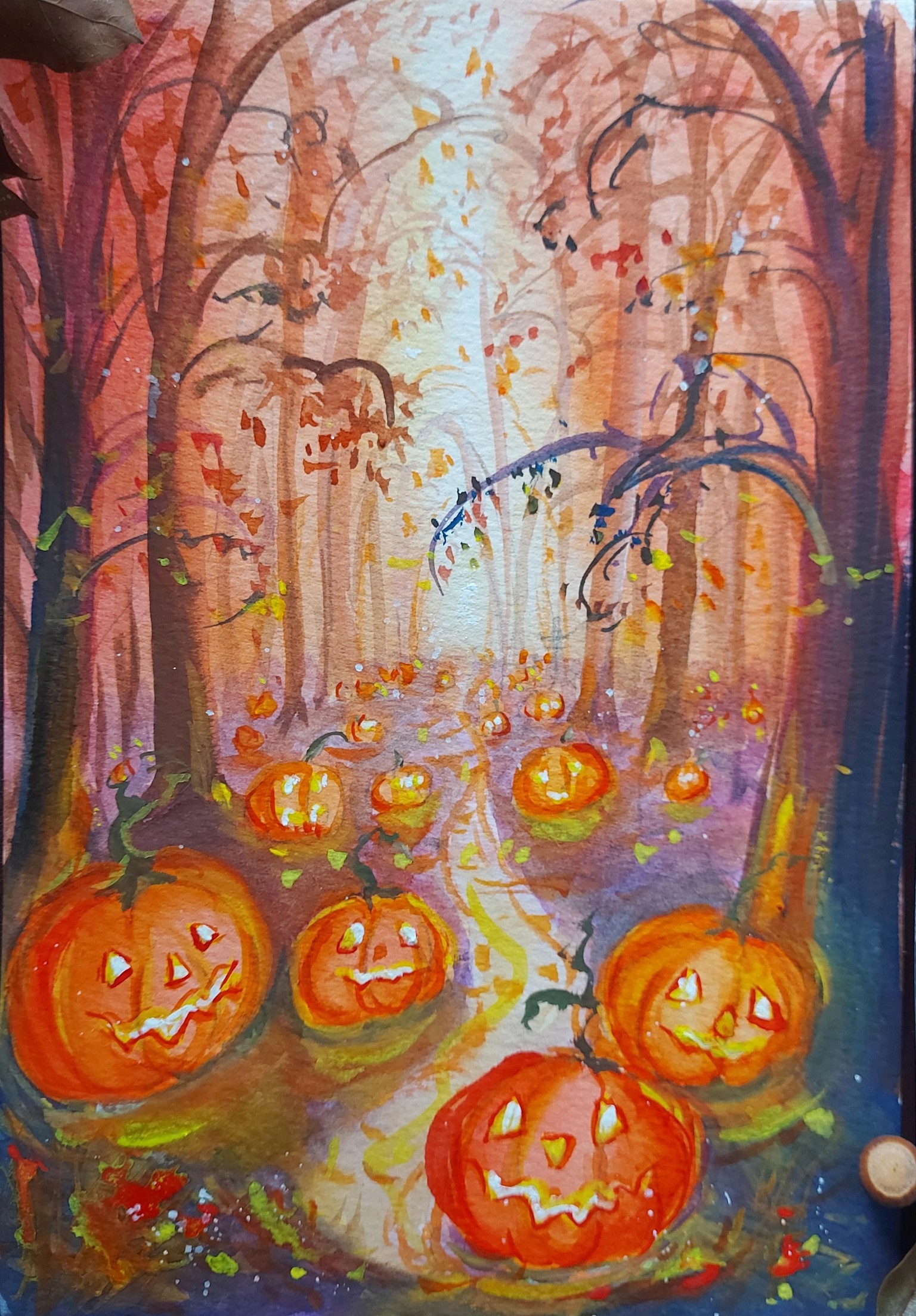 Gouache Painting : 🎃 Misty Forest Halloween With Pumpkins 🎃 - image 2 - student project