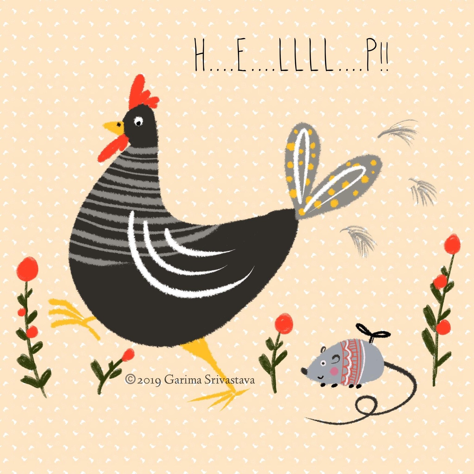 Digital Illustration: Rooster scared by a wind-up mouse - image 1 - student project