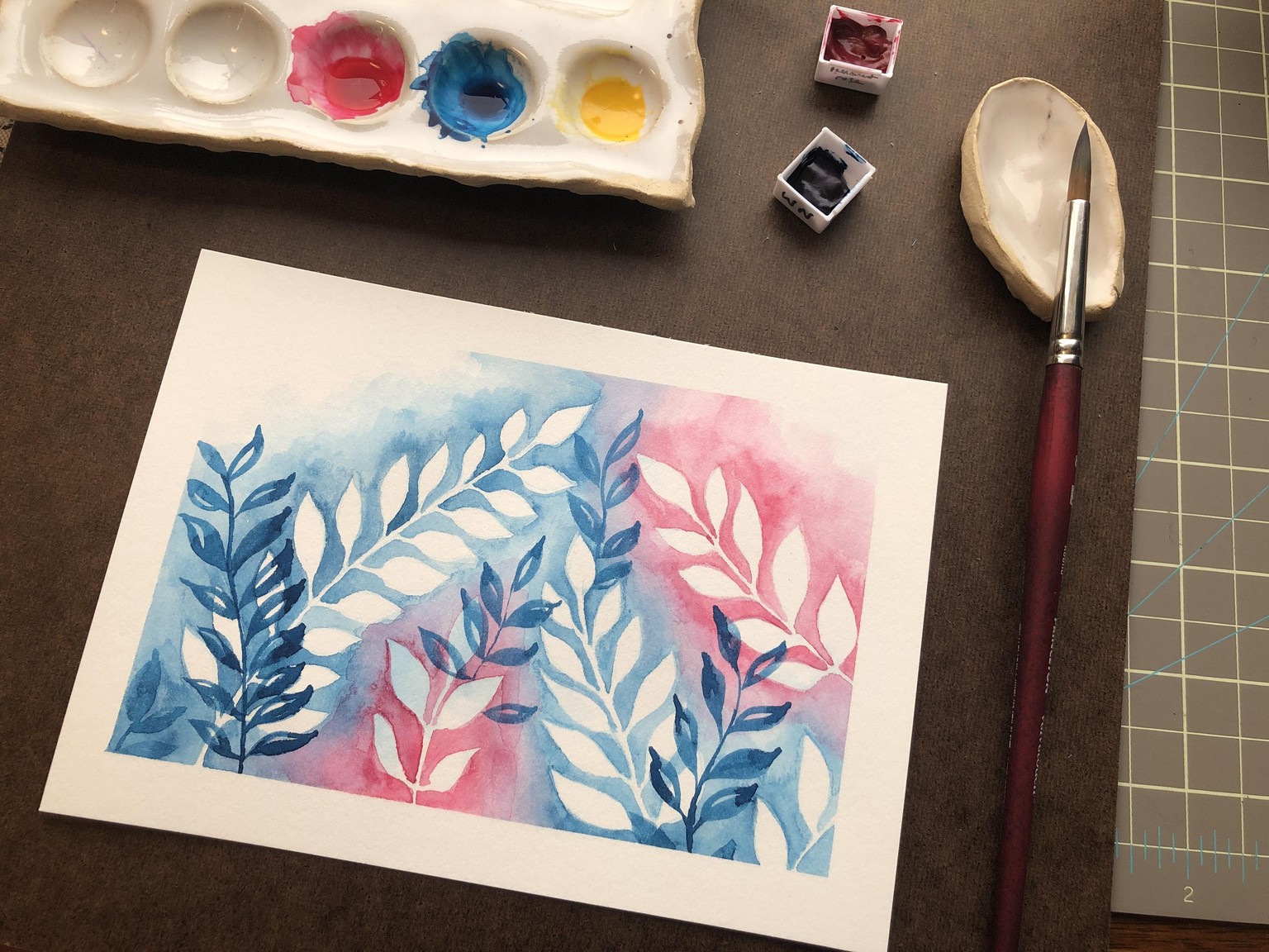Negative Space Watercolor Leaves - image 1 - student project