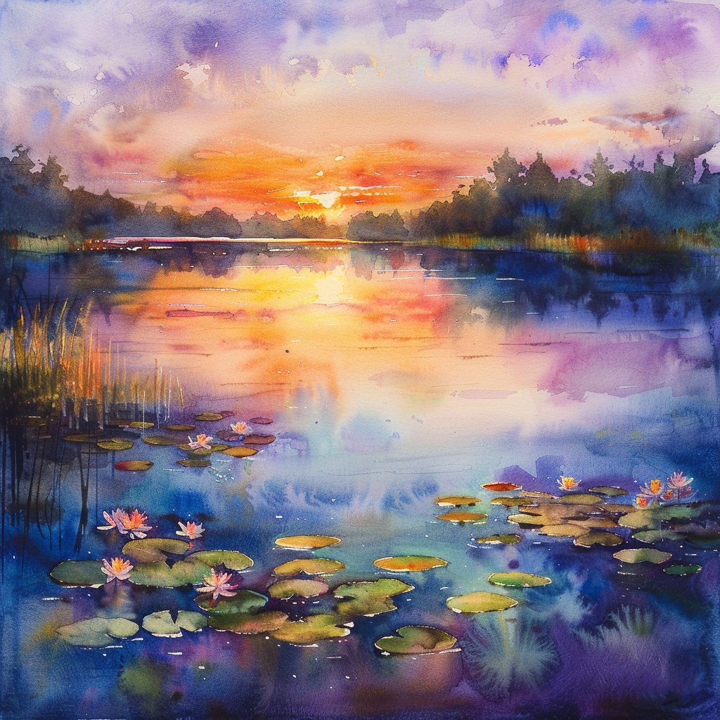 Sunset Over a Lake Watercolor Painting by Bonnie David - image 1 - student project